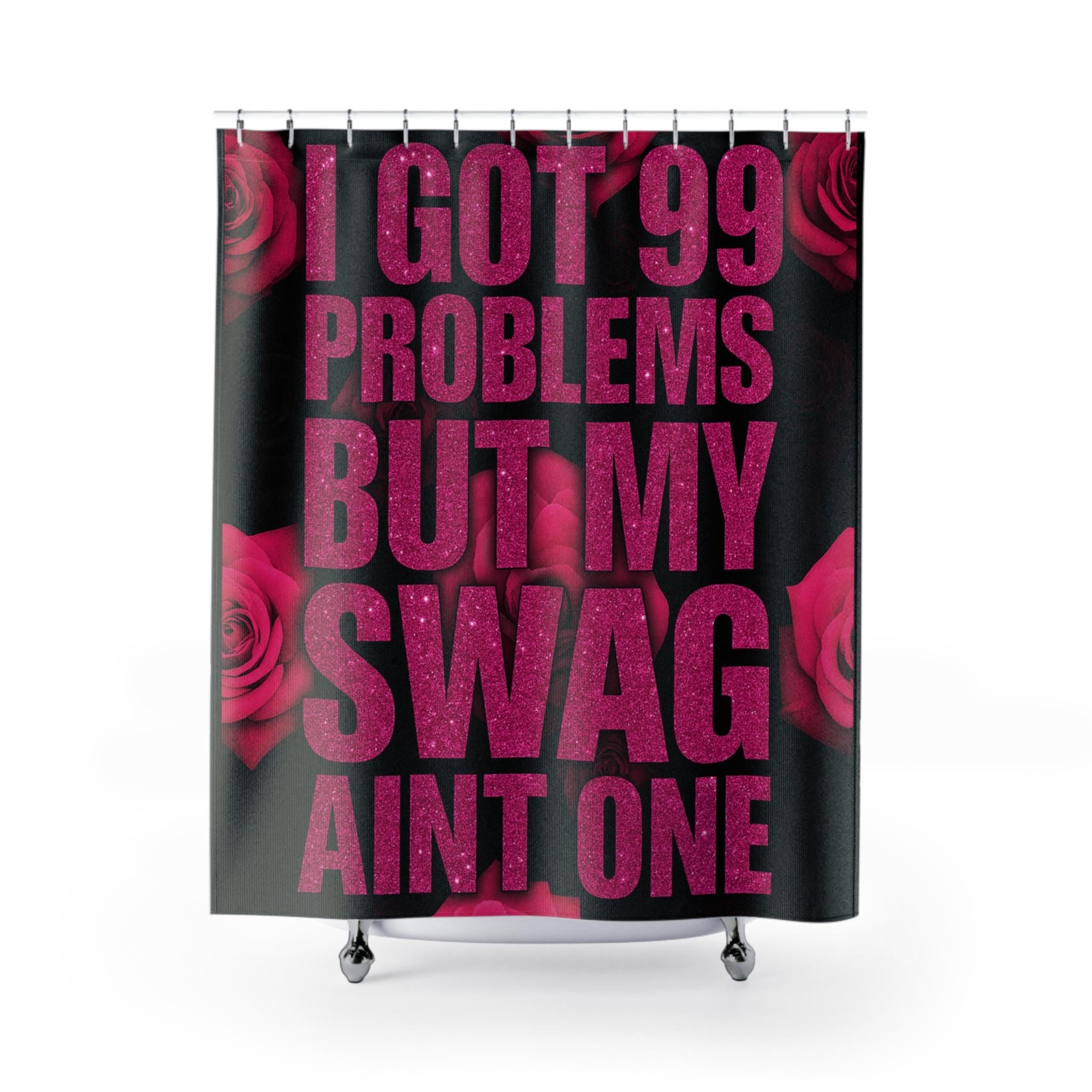 Sassy Swag Shower Curtain: Bold Pink Roses & Glitter Quote