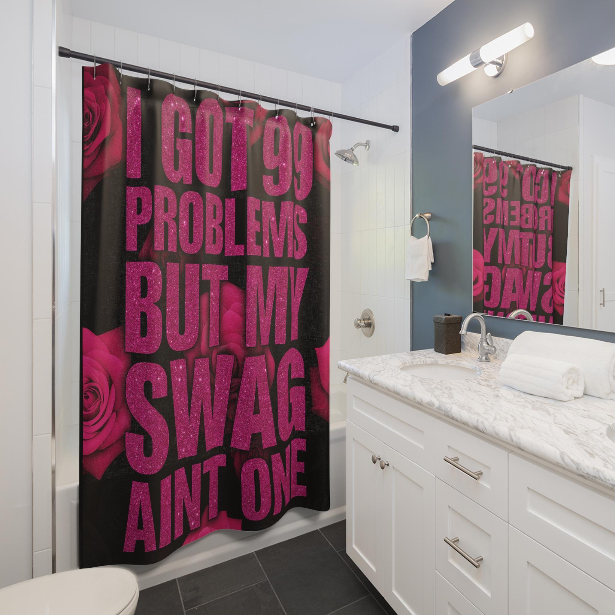 Sassy Swag Shower Curtain: Bold Pink Roses & Glitter Quote