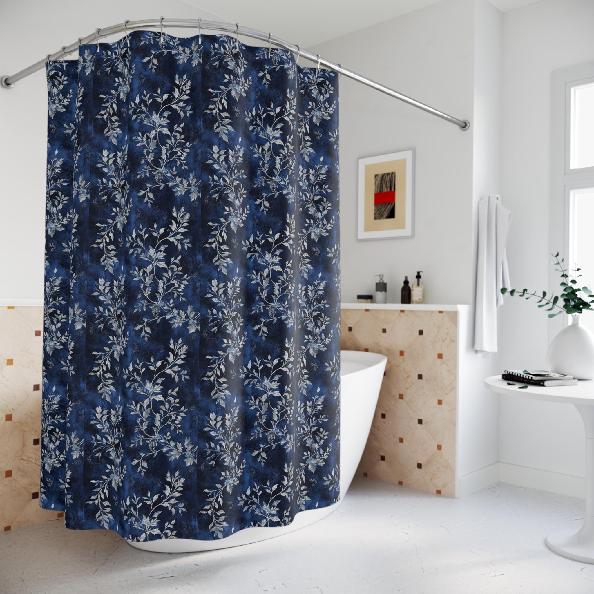 Blue Winter Floral Shower Curtain, Elegant Botanical Bathroom Decor