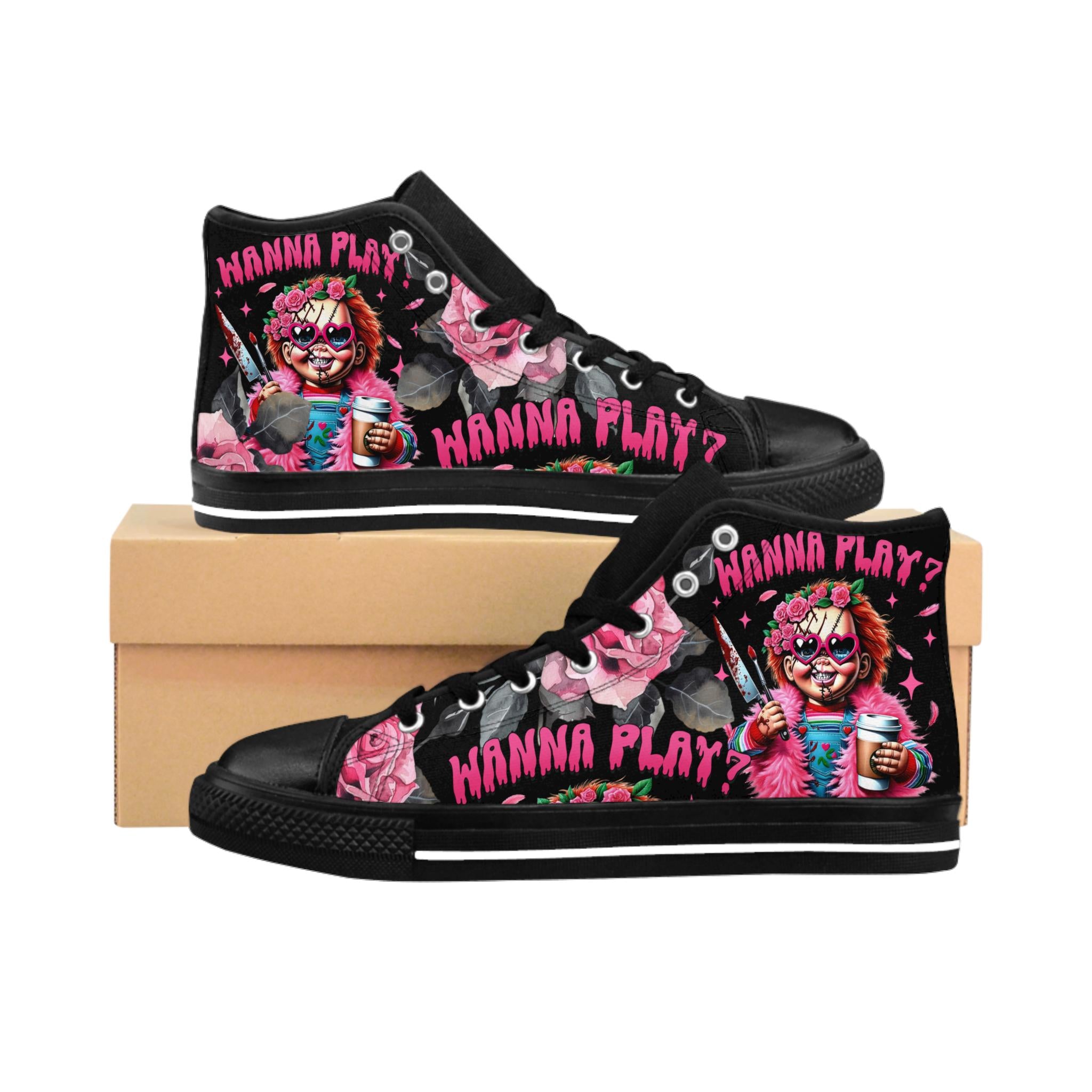 Gothic Horror High-Top Sneakers: "Wanna Play" Chucky Doll Style