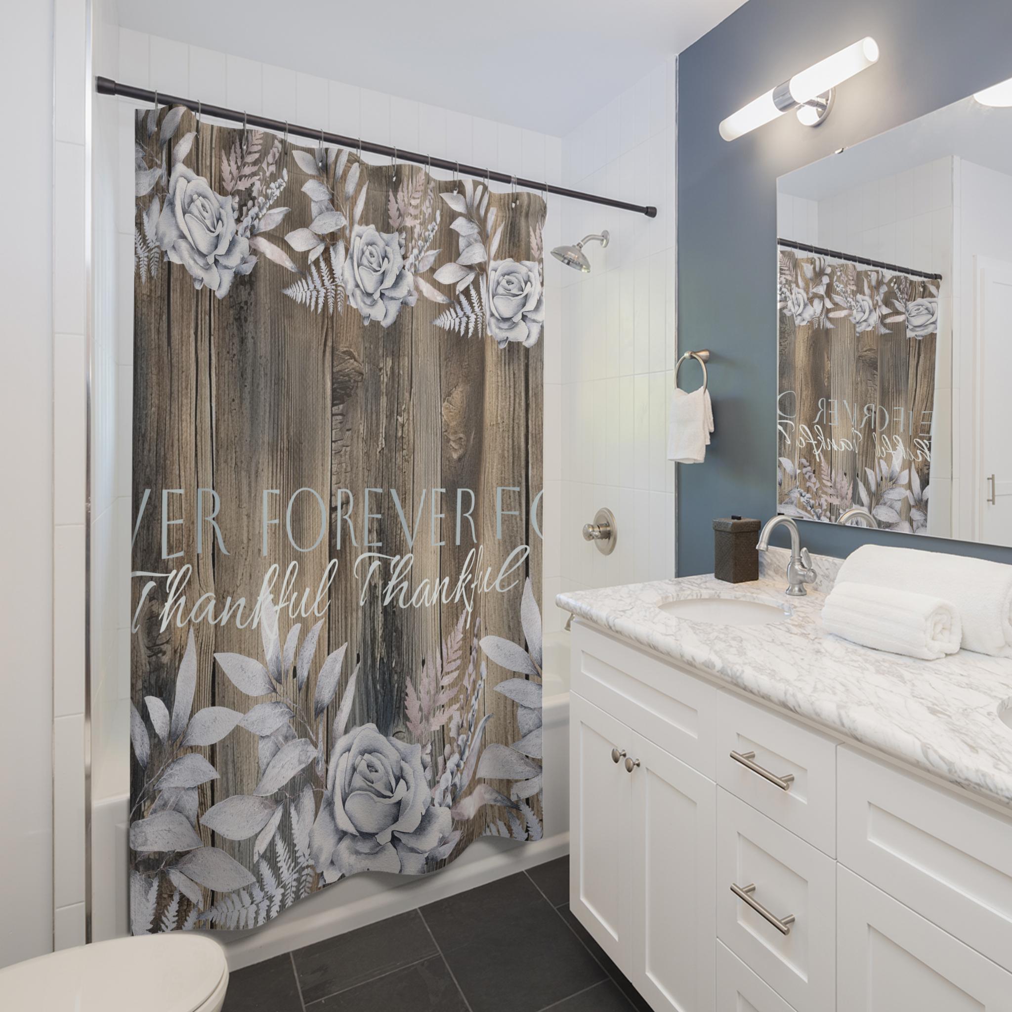 Rustic Barnwood Shower Curtain: Silver Lilac Floral 'Forever Thankful'
