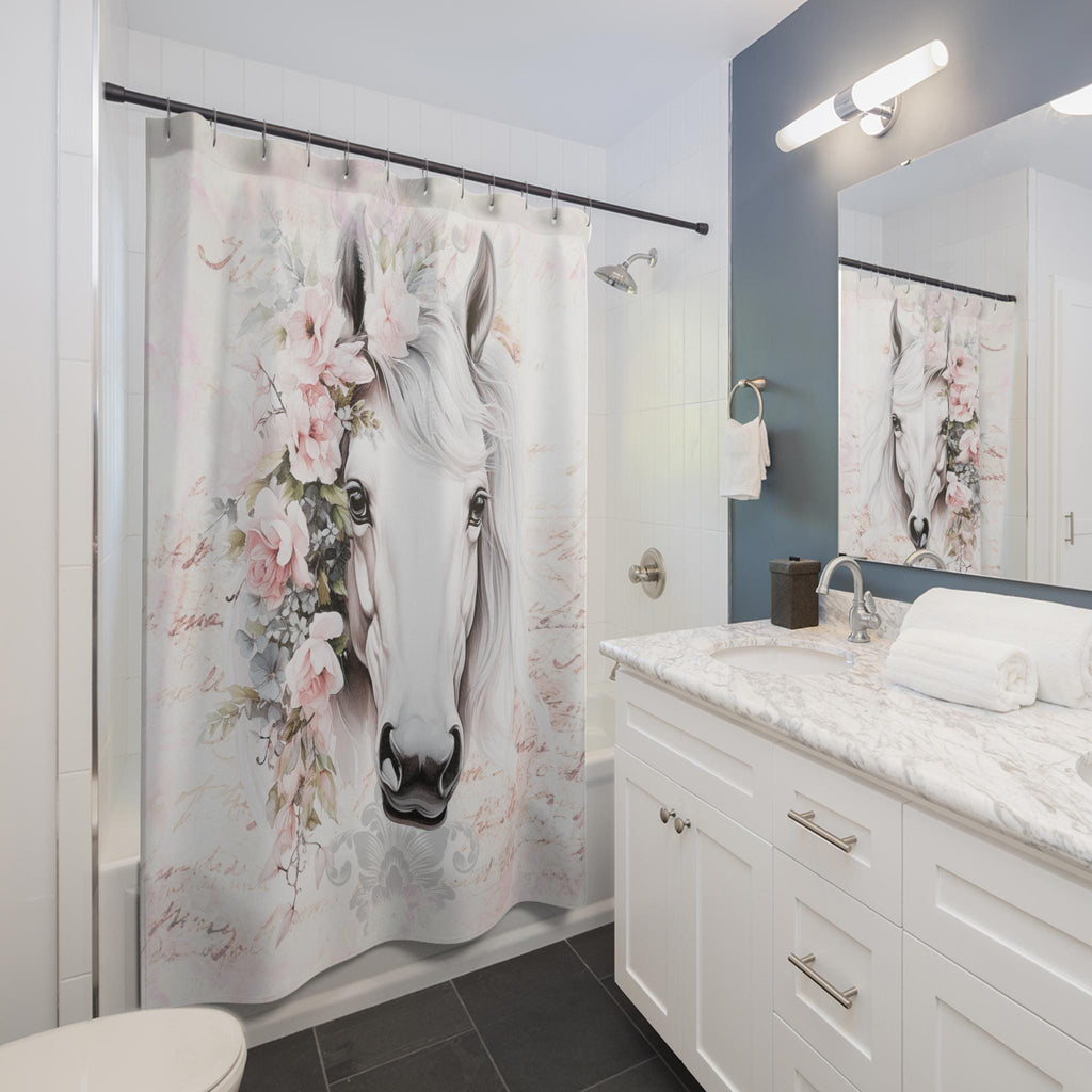 White Shabby Horse Shower Curtain: Rustic Farmhouse Equestrian Decor