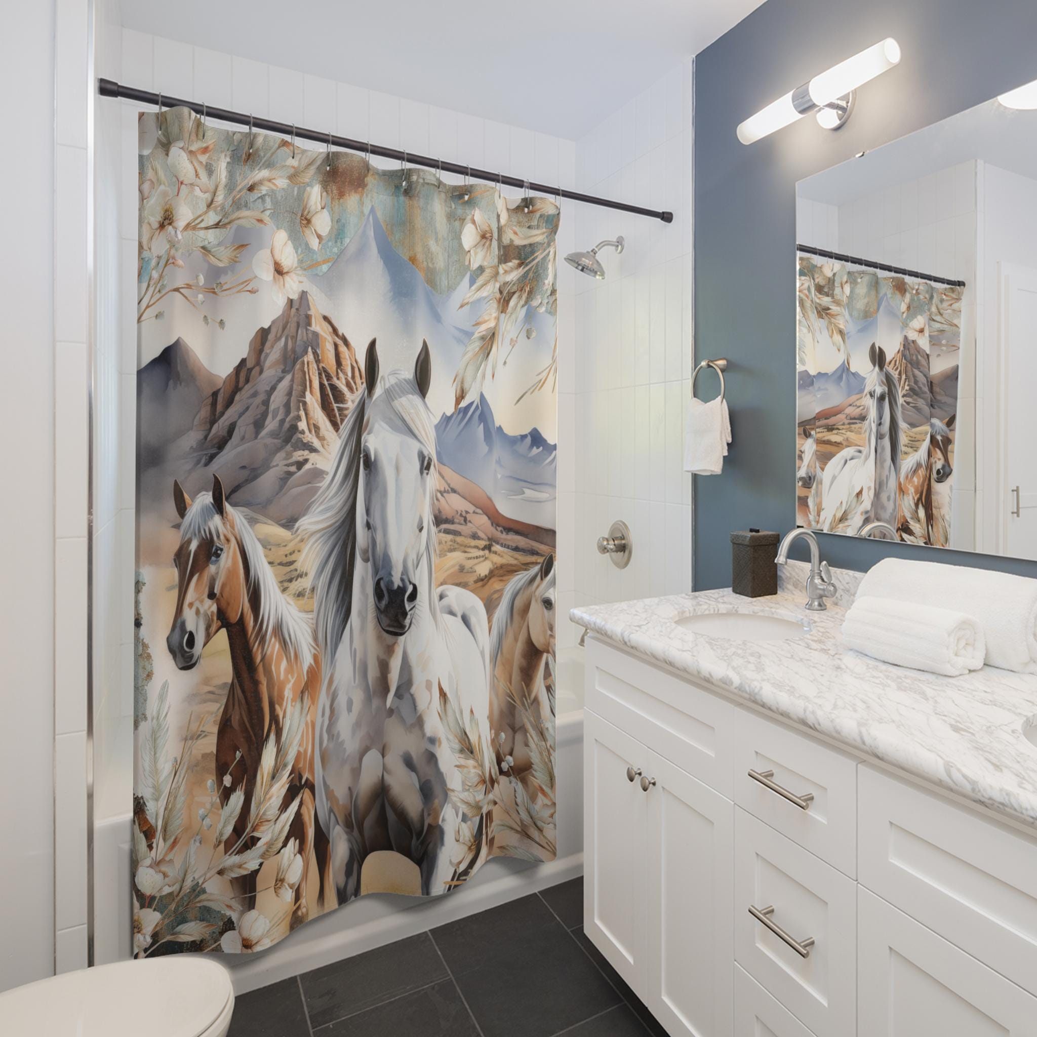 Rustic Horses Shower Curtain: Western Bohemian Bathroom Decor