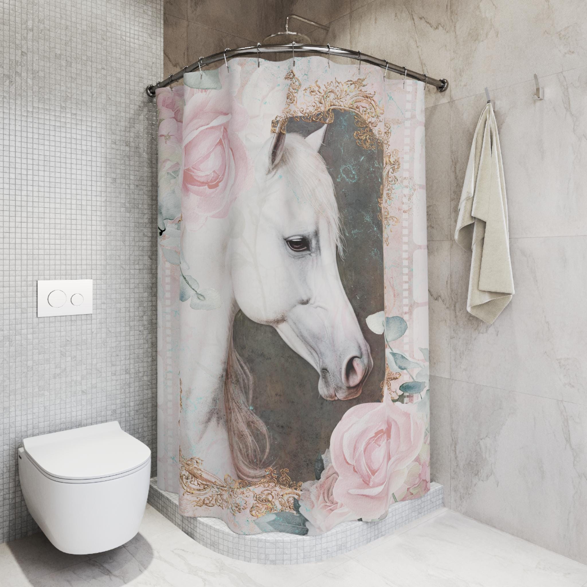 White Horse Farmhouse Shower Curtain: Rustic Shabby Chic Bathroom Decor