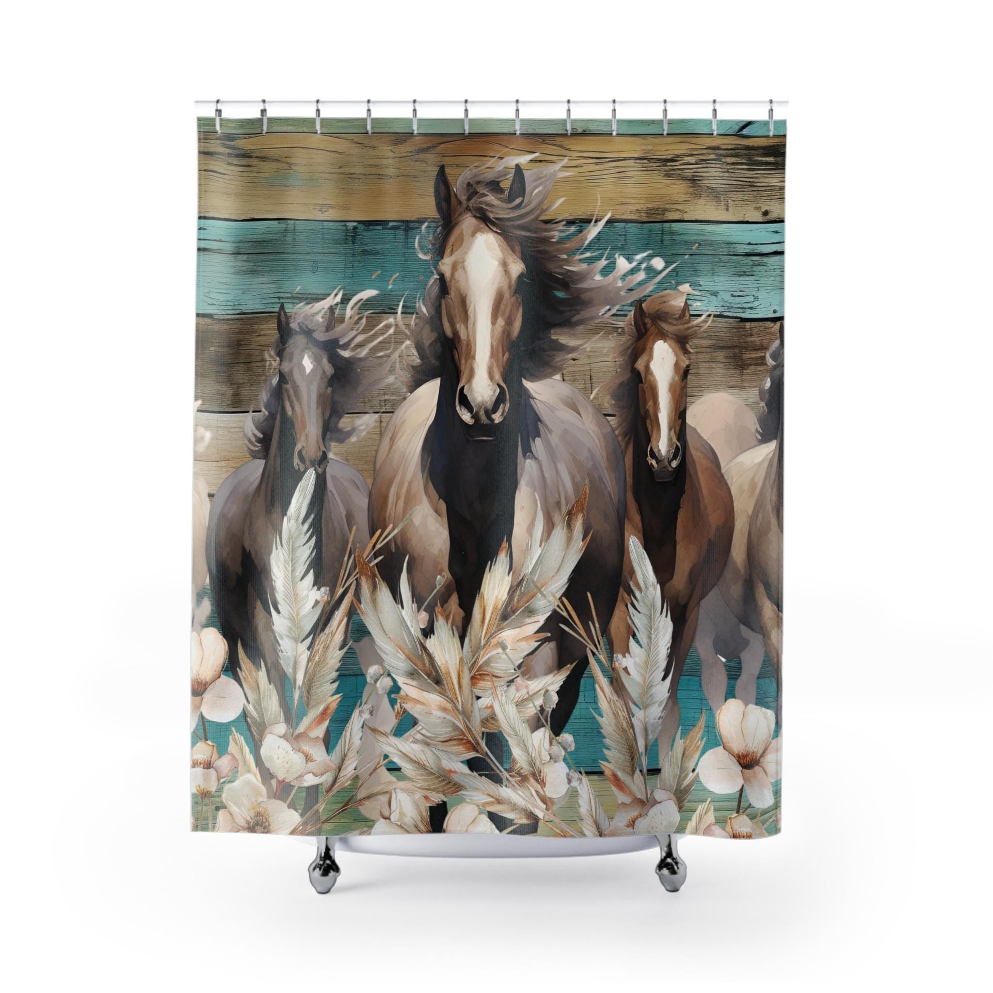 Teal Horses Shower Curtain: Boho Farmhouse Bathroom Decor