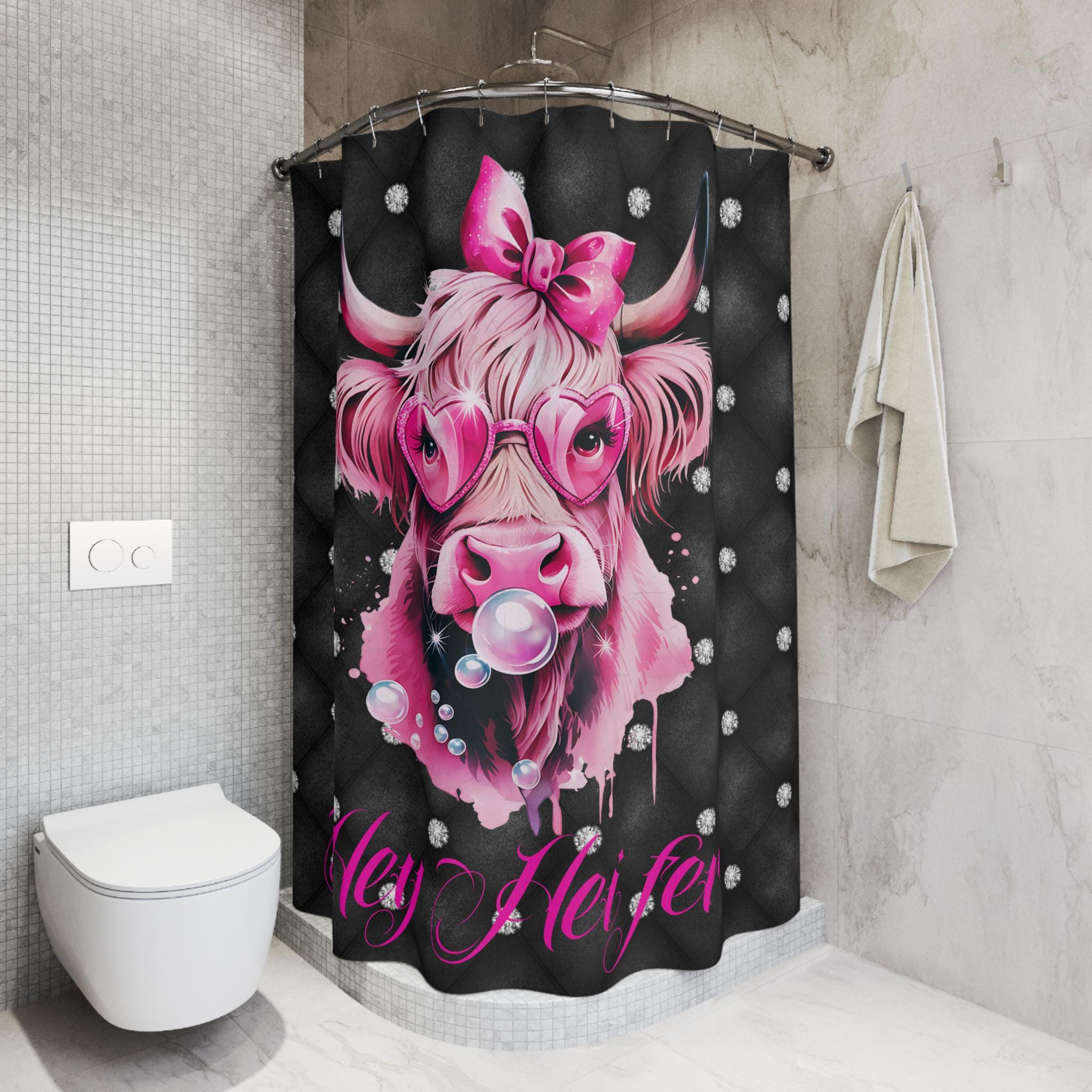 Pink Cow Bubblegum Shower Curtain: Rhinestone Farmhouse Decor