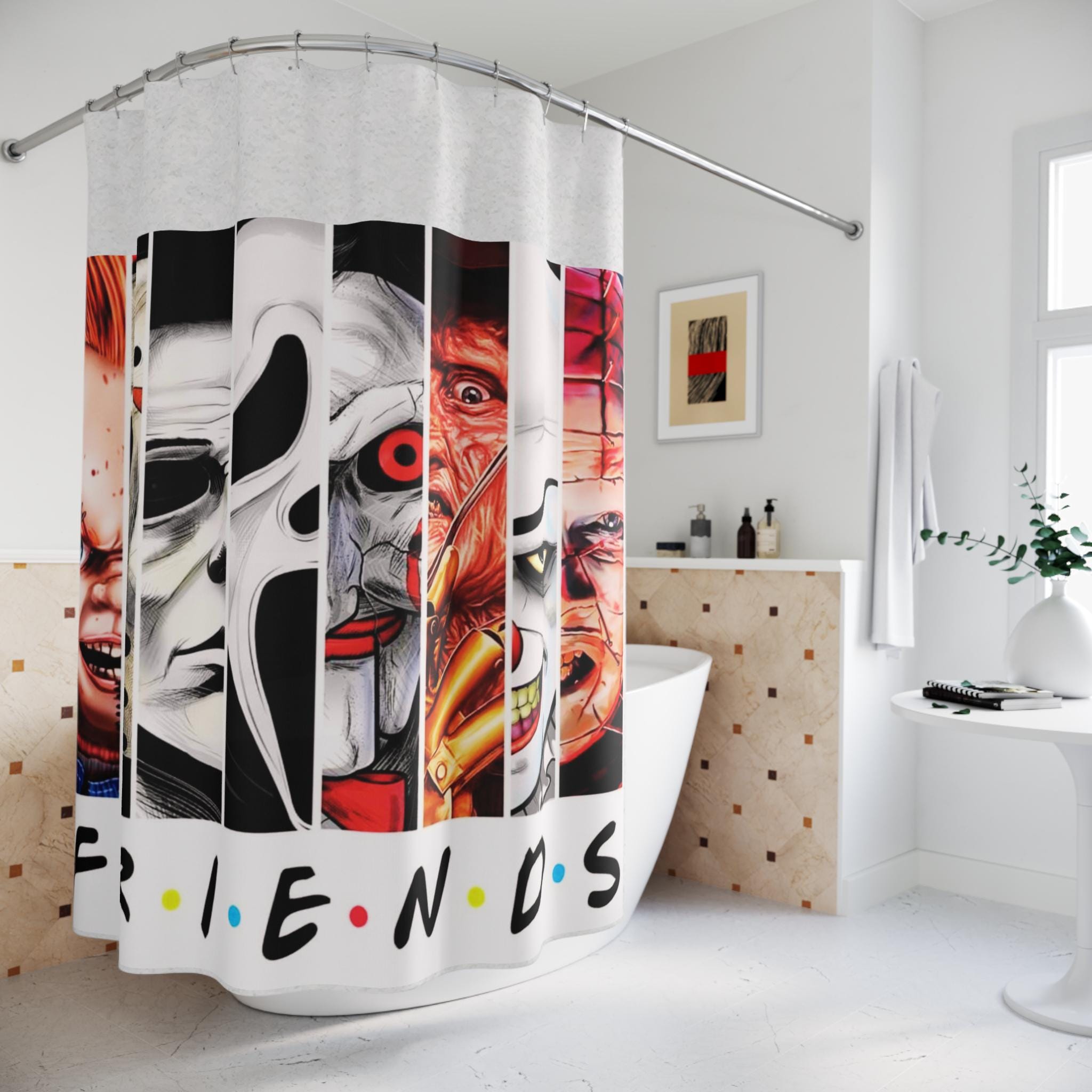 Retro Horror Movie Shower Curtain: "FRIENDS" Parody, Spooky Bathroom Decor