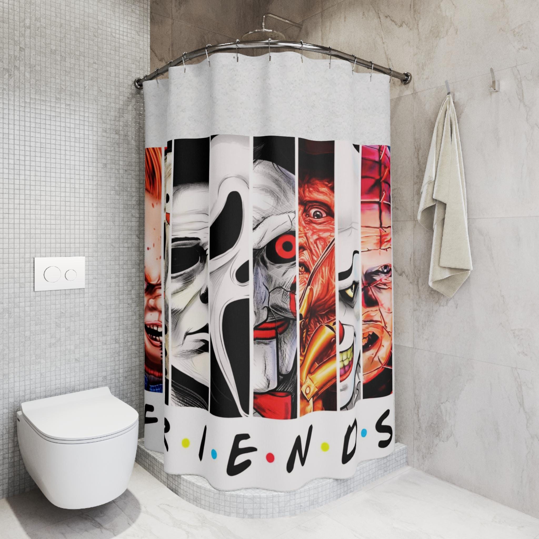 Retro Horror Movie Shower Curtain: "FRIENDS" Parody, Spooky Bathroom Decor