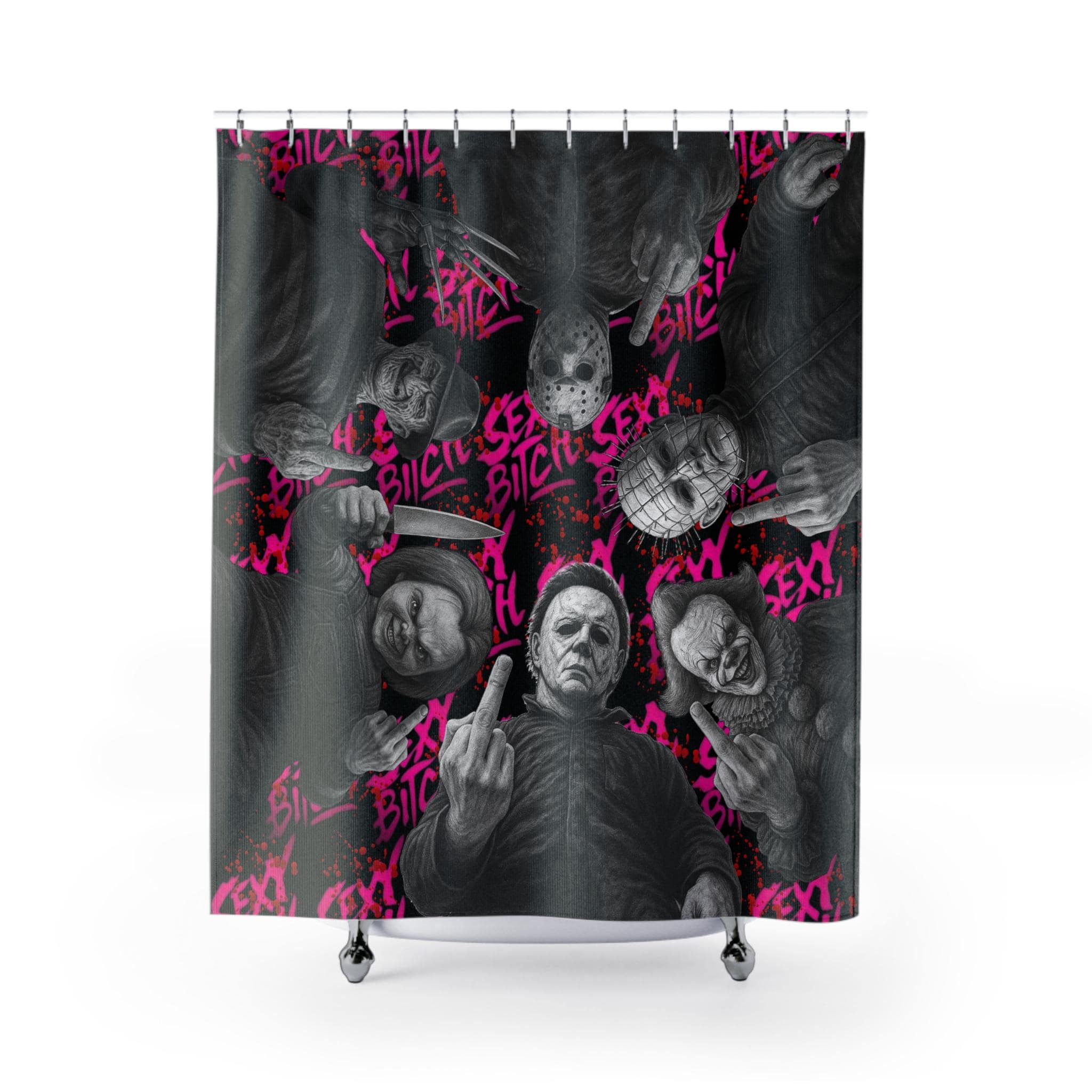 Horror Slasher Shower Curtain, Bloody Middle Finger, Creepy Bathroom Decor