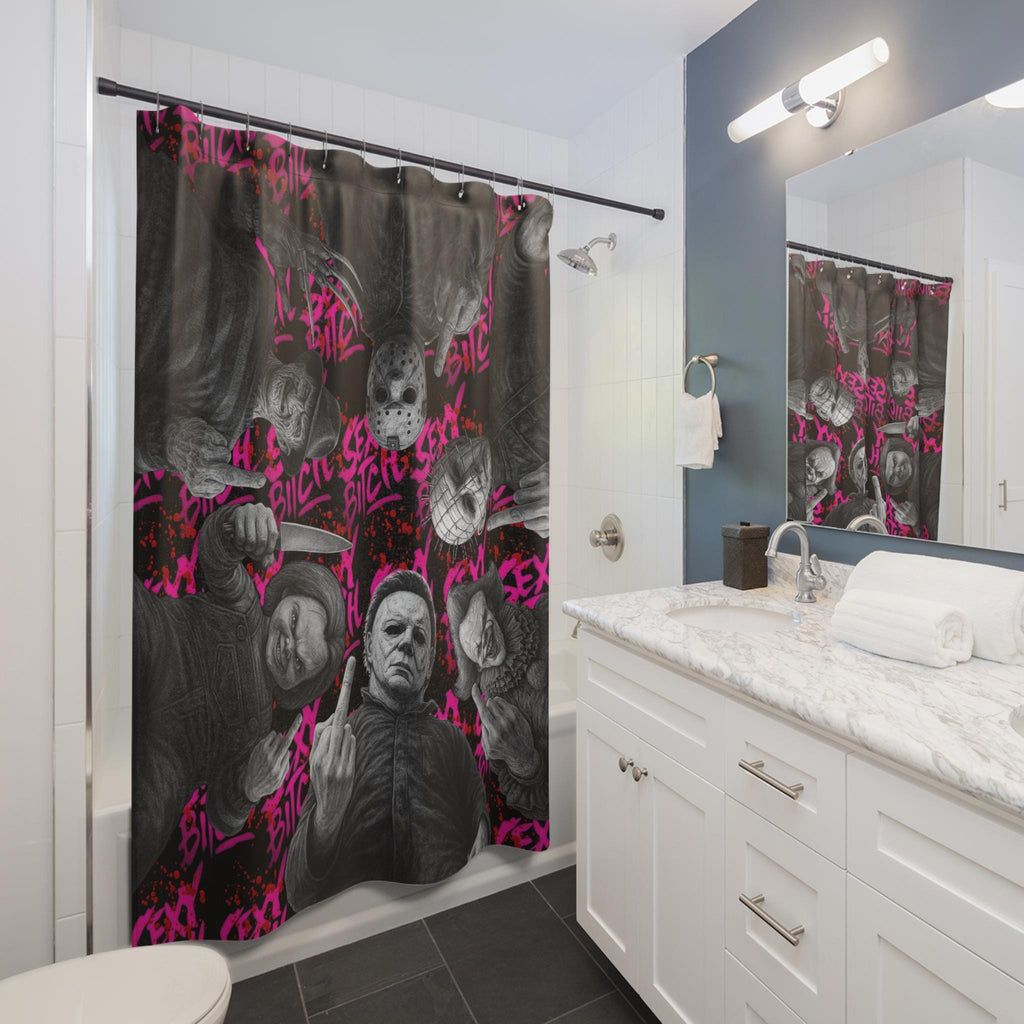 Horror Slasher Shower Curtain, Bloody Middle Finger, Creepy Bathroom Decor