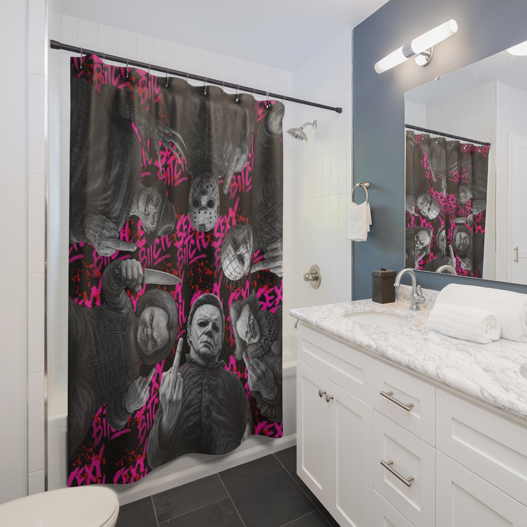 Horror Slasher Shower Curtain, Bloody Middle Finger, Creepy Bathroom Decor