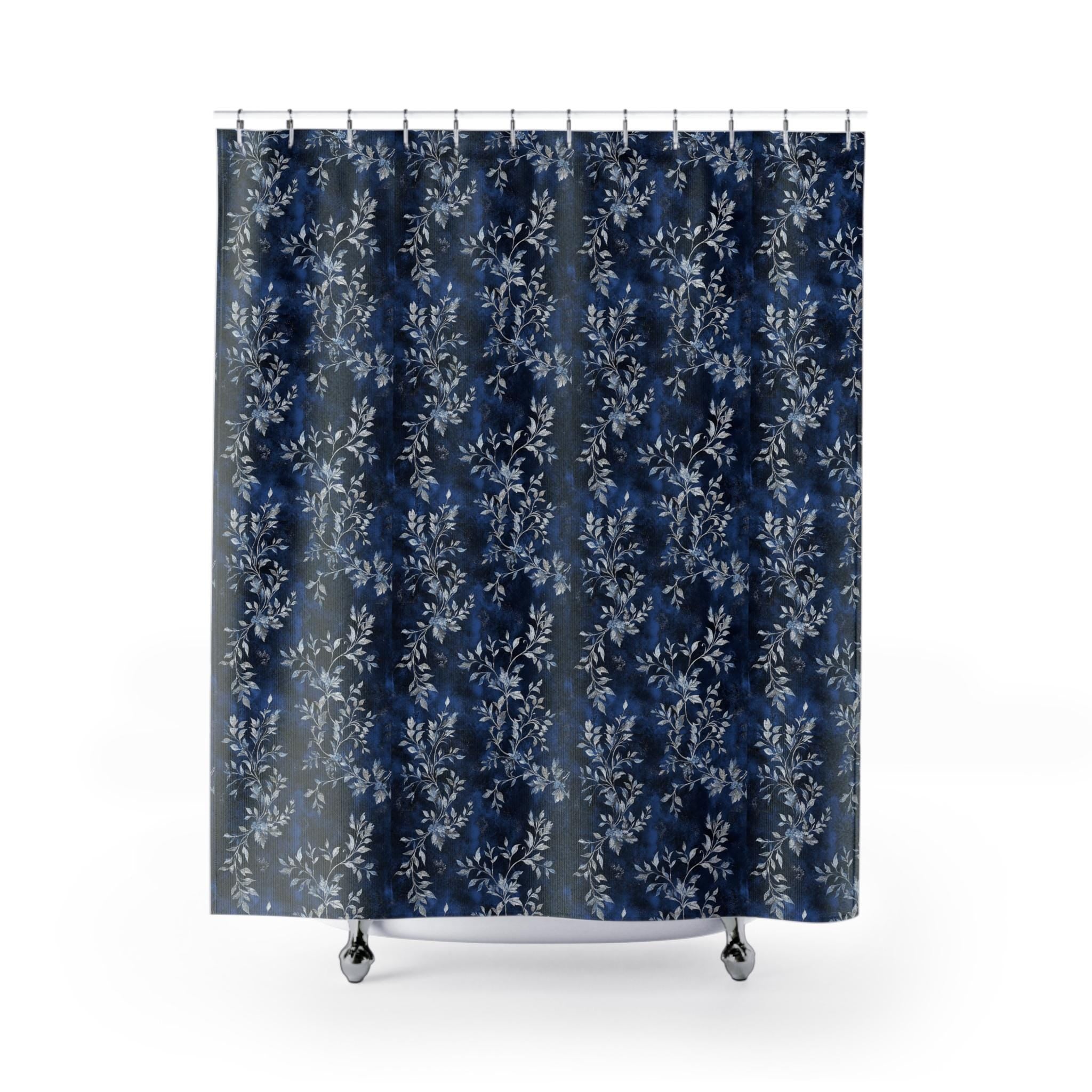 Blue Winter Floral Shower Curtain, Elegant Botanical Bathroom Decor