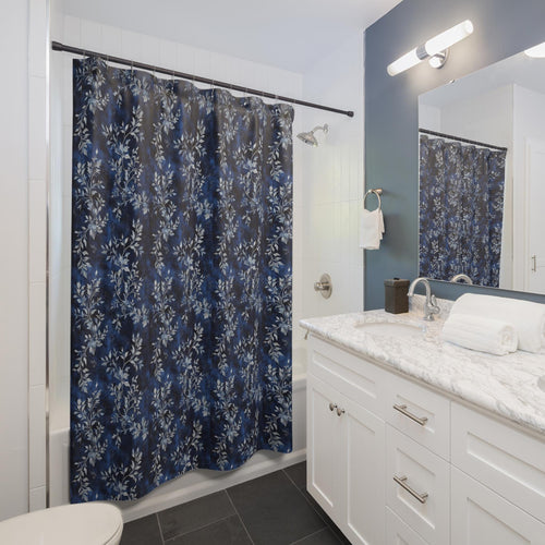 Blue Winter Floral Shower Curtain, Elegant Botanical Bathroom Decor