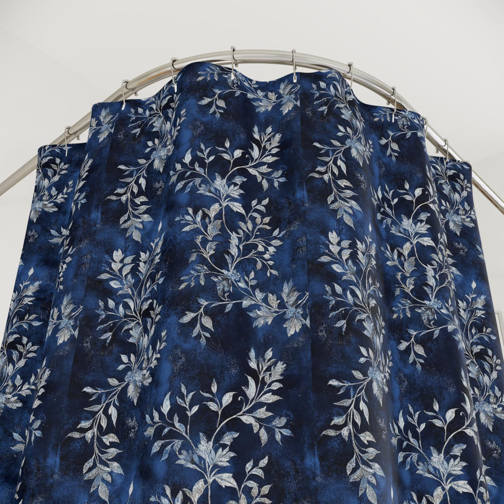 Blue Winter Floral Shower Curtain, Elegant Botanical Bathroom Decor