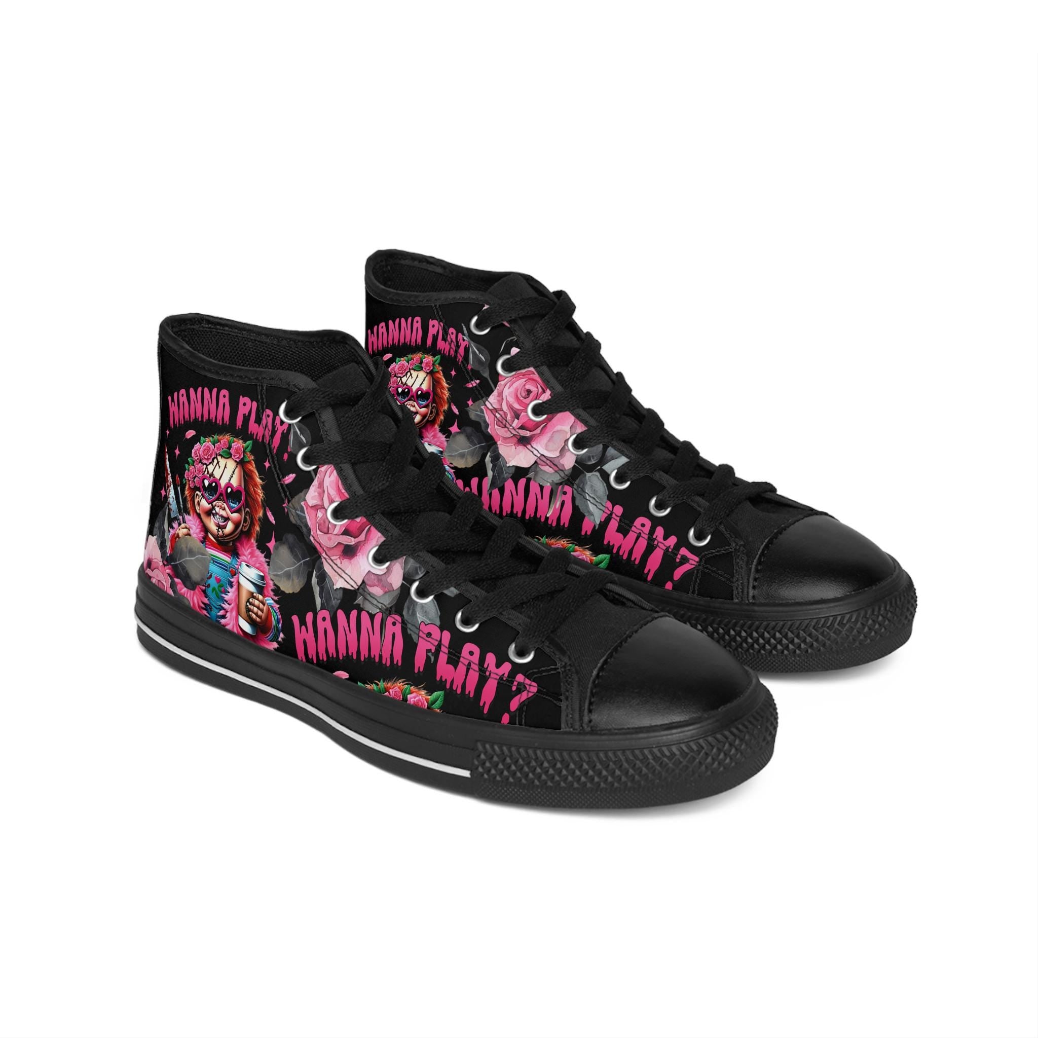 Gothic Horror High-Top Sneakers: "Wanna Play" Chucky Doll Style