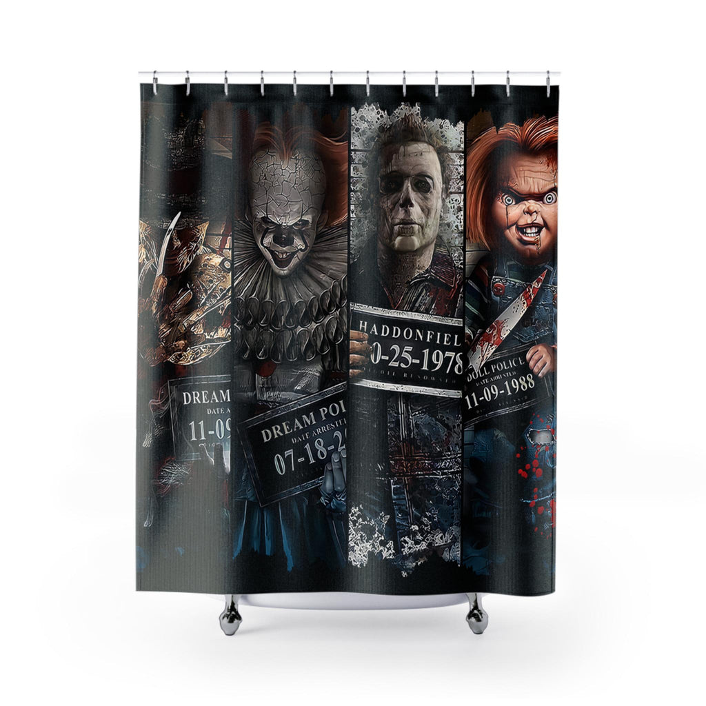 80s Slasher Mugshots Shower Curtain: Horror Movie Bathroom Decor