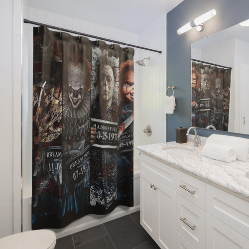 80s Slasher Mugshots Shower Curtain: Horror Movie Bathroom Decor