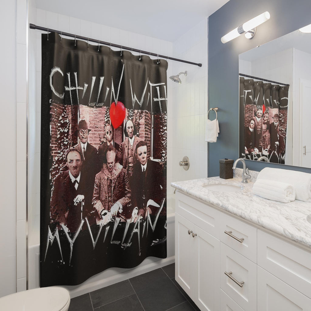 Chillin With My Villains Shower Curtain: Retro Horror Movie Fan Halloween Decor