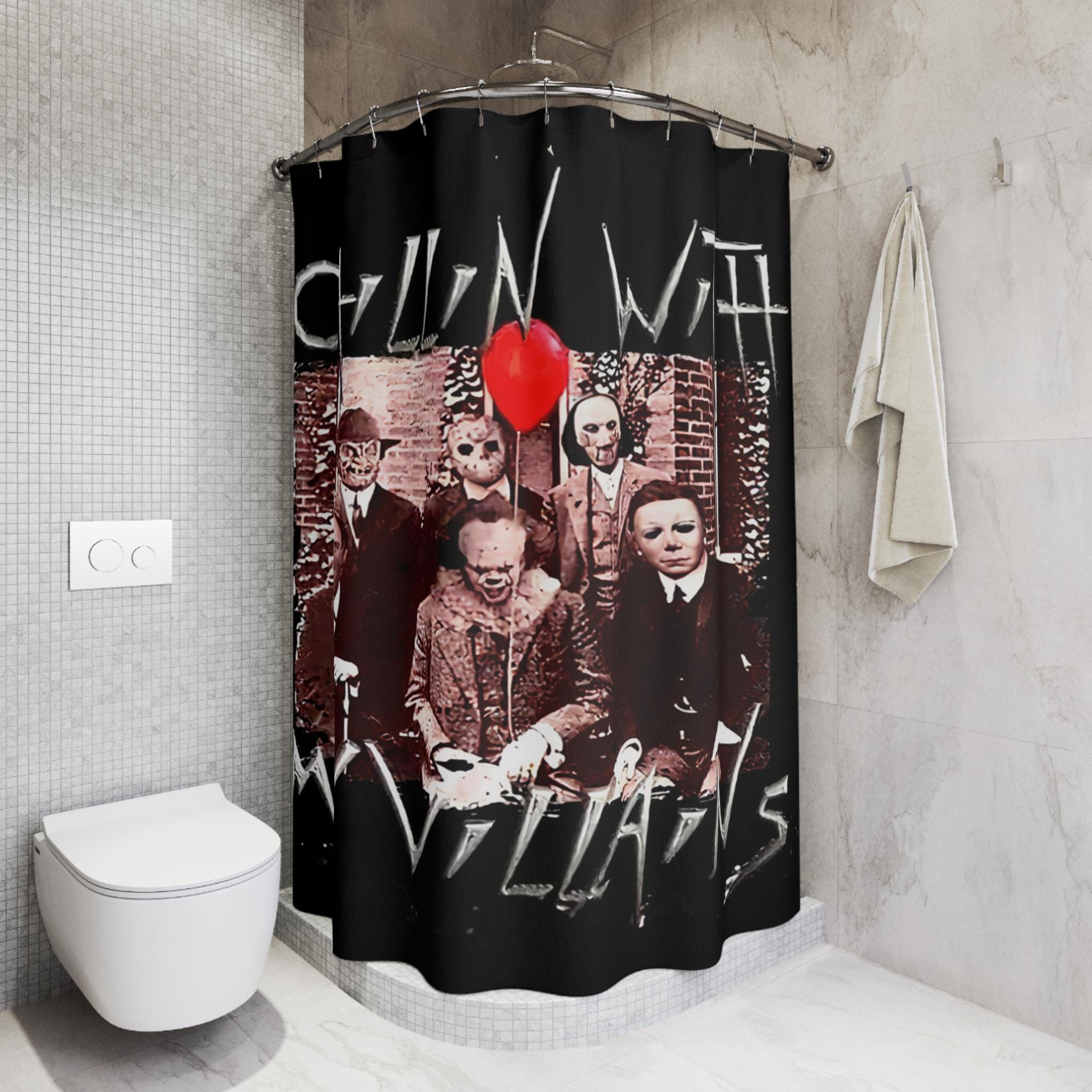Chillin With My Villains Shower Curtain: Retro Horror Movie Fan Halloween Decor