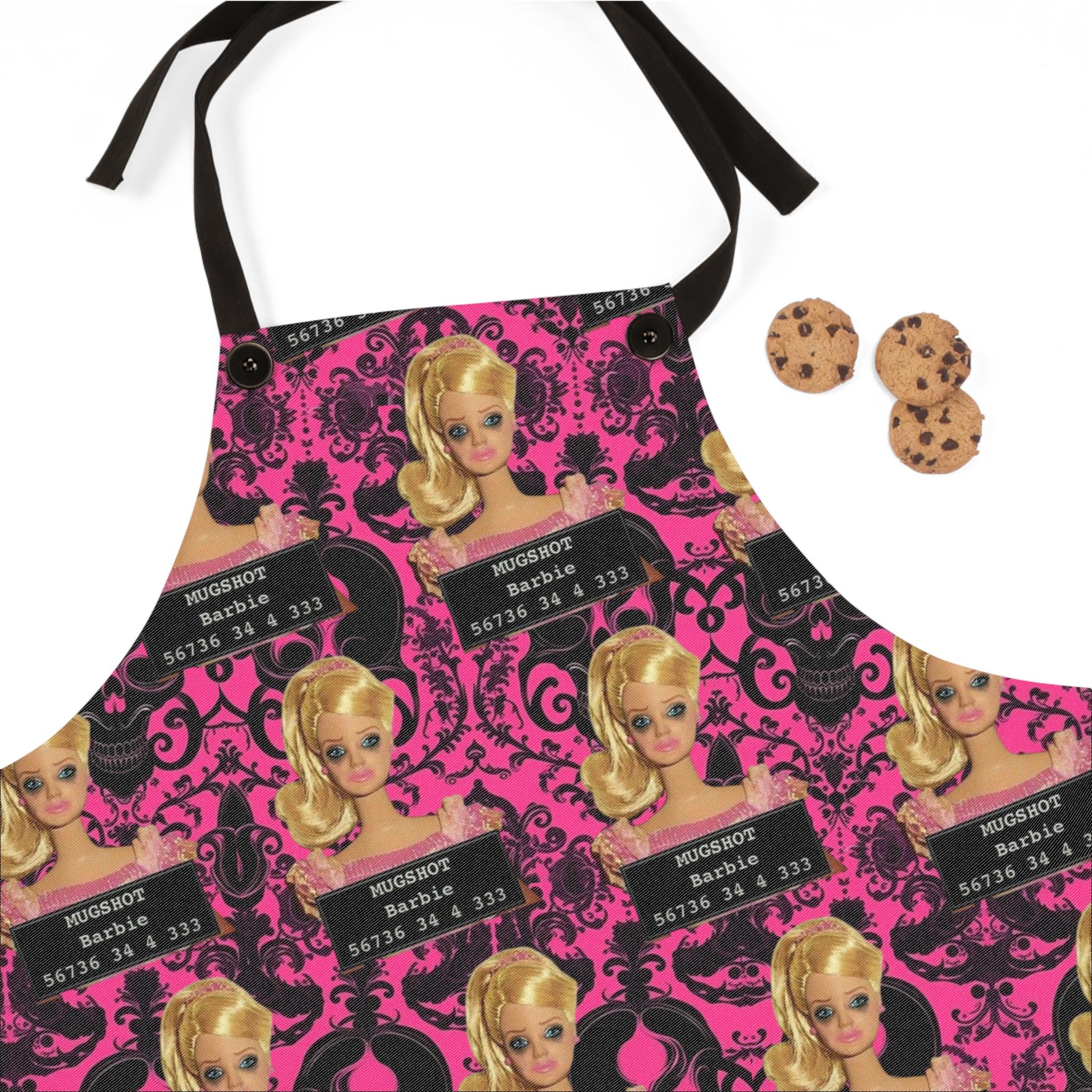 Mugshot Barbie Apron: Pink Skeleton Kitchen Apron, Halloween Costume
