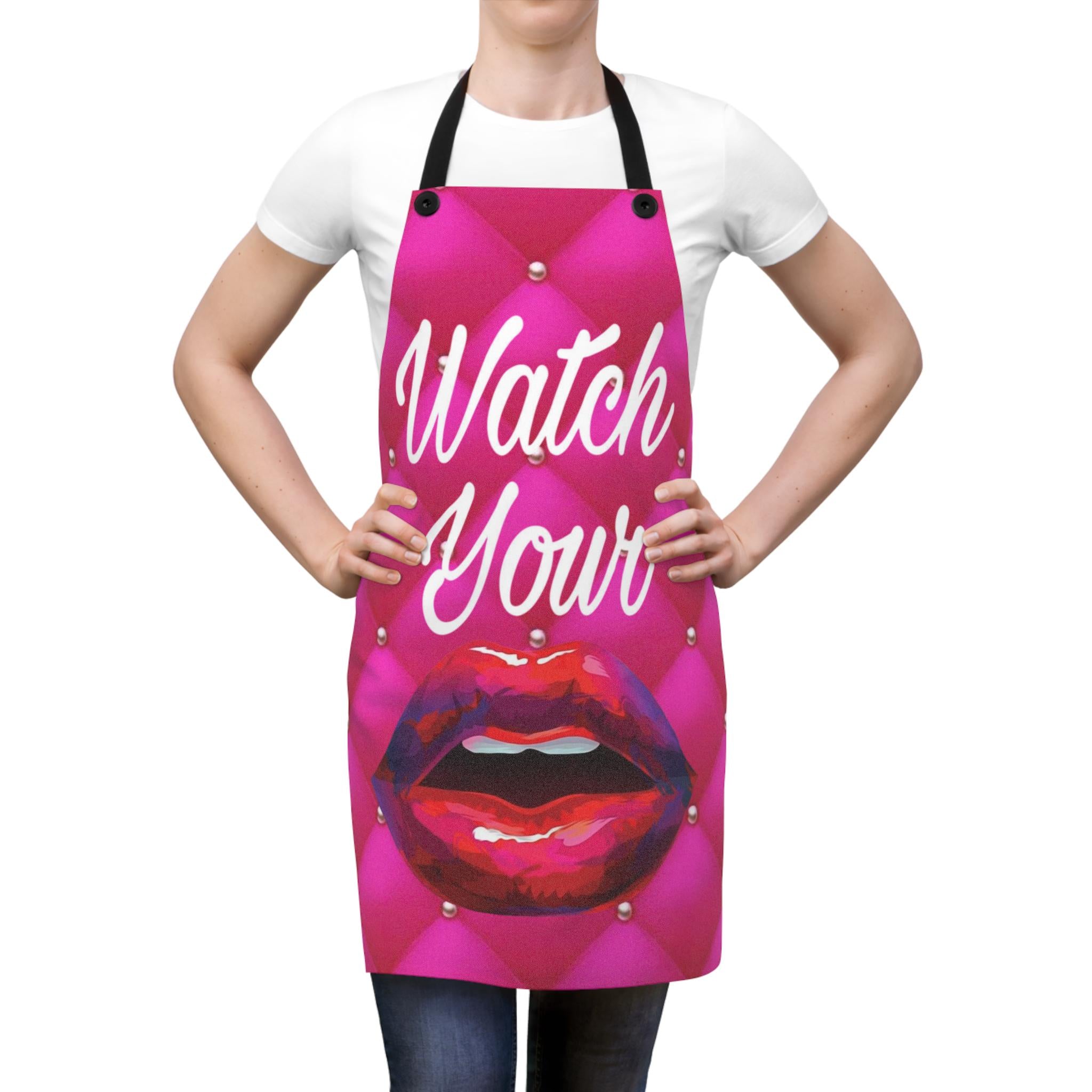 Killer Pink Kitchen Apron, Watch Your Mouth Design