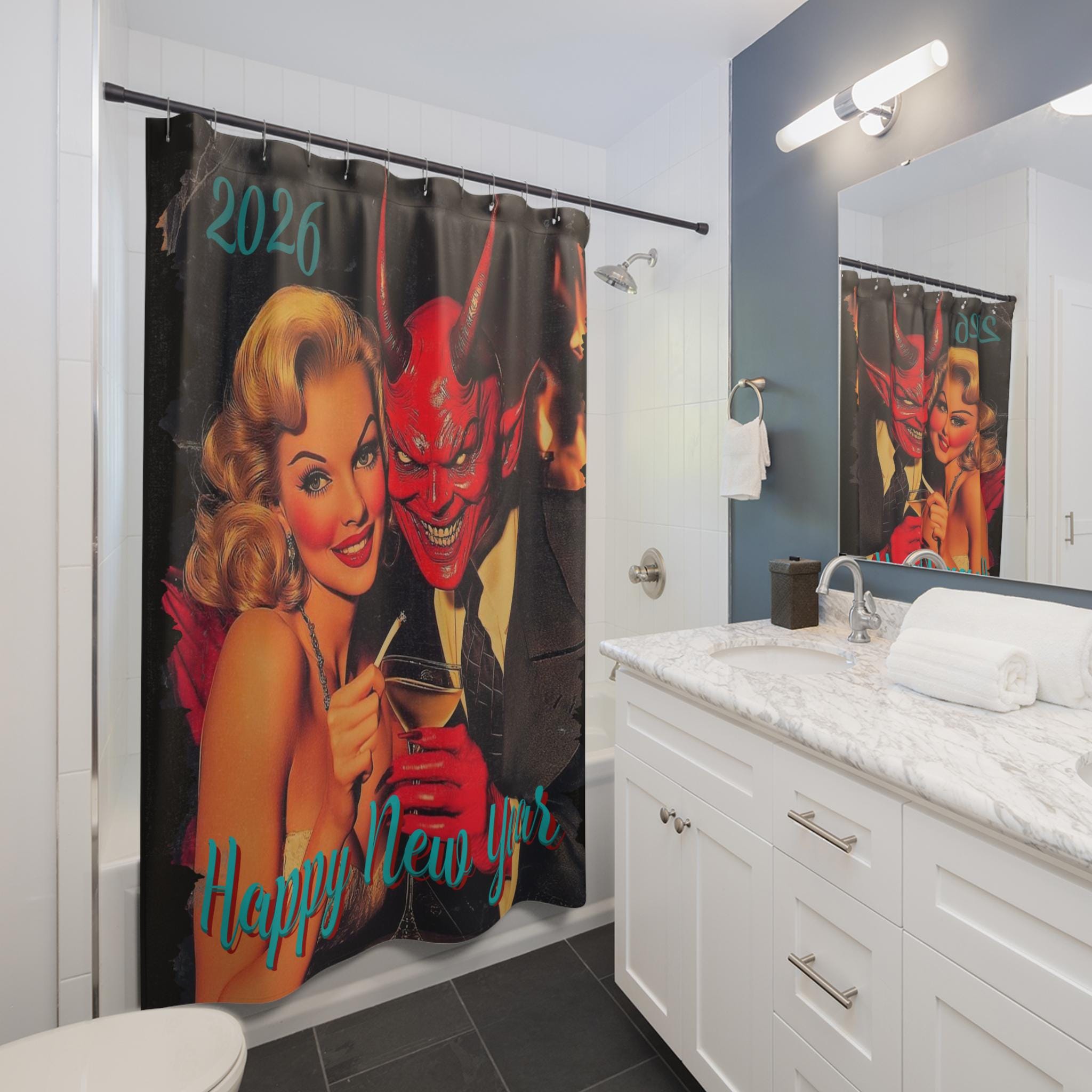 Evil Villain New Year 2026 Shower Curtain, Funny Bathroom Decor