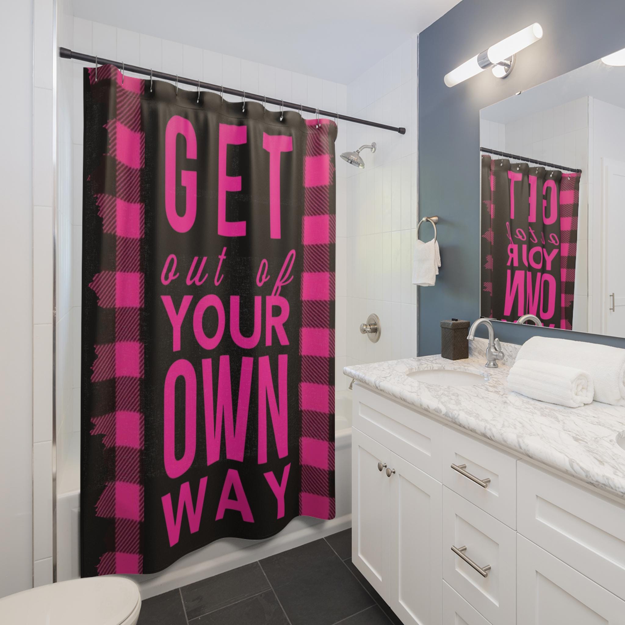 Pink Black Checkerboard Shower Curtain - 80s London Punk Bathroom Decor