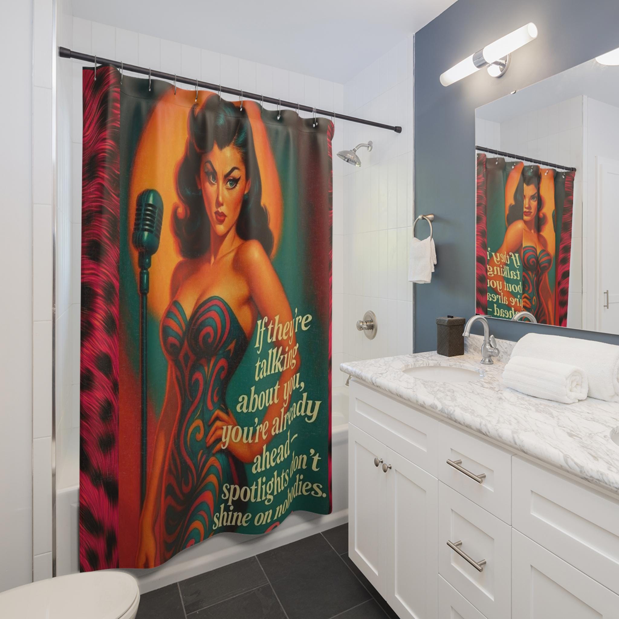 Retro Spotlight Quote Shower Curtain, Vintage Glam Bathroom Decor