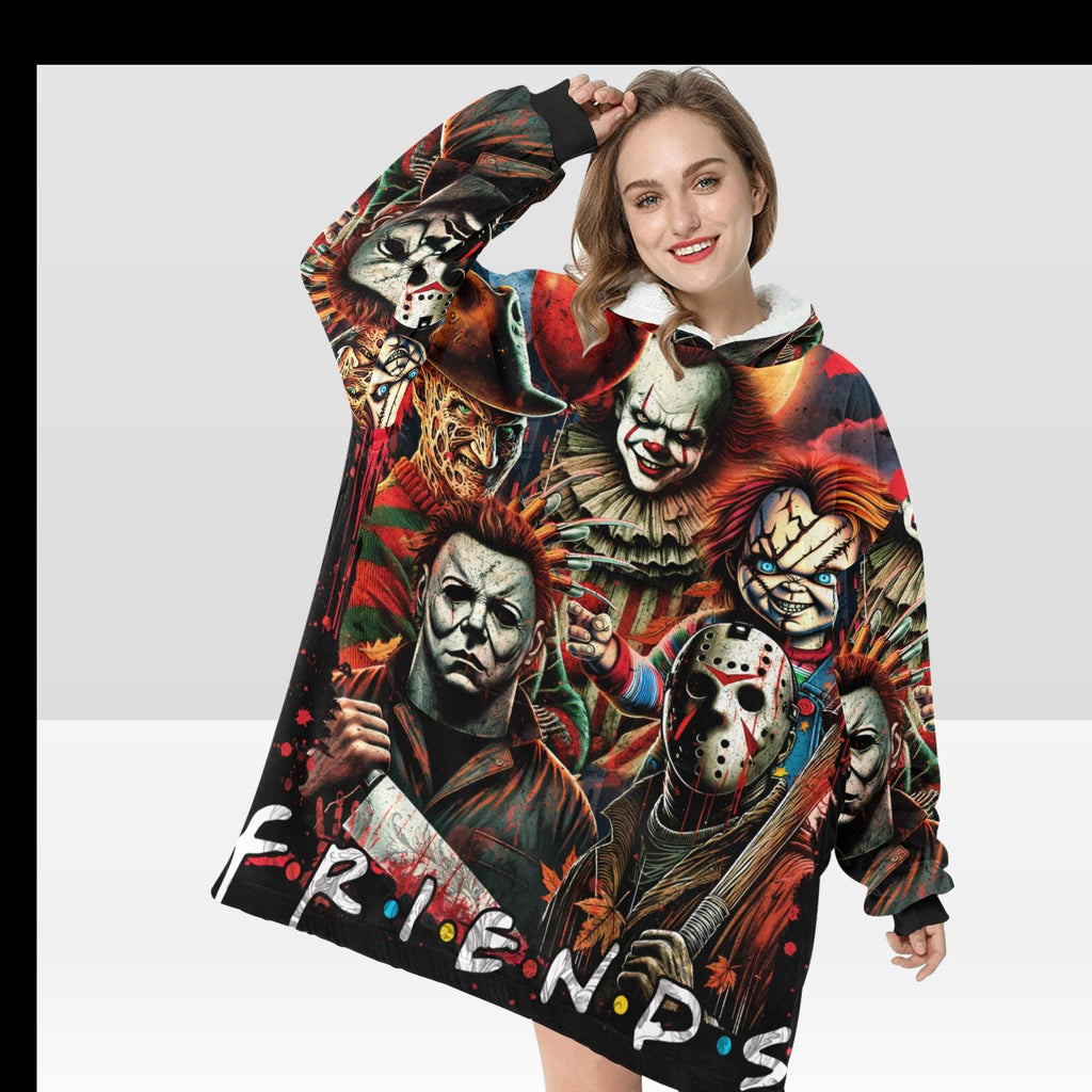 Retro Horror FRIENDS Blanket Pullover – Cozy Oversized Hoodie Featuring Myers, Chucky, Jason, Freddy & More