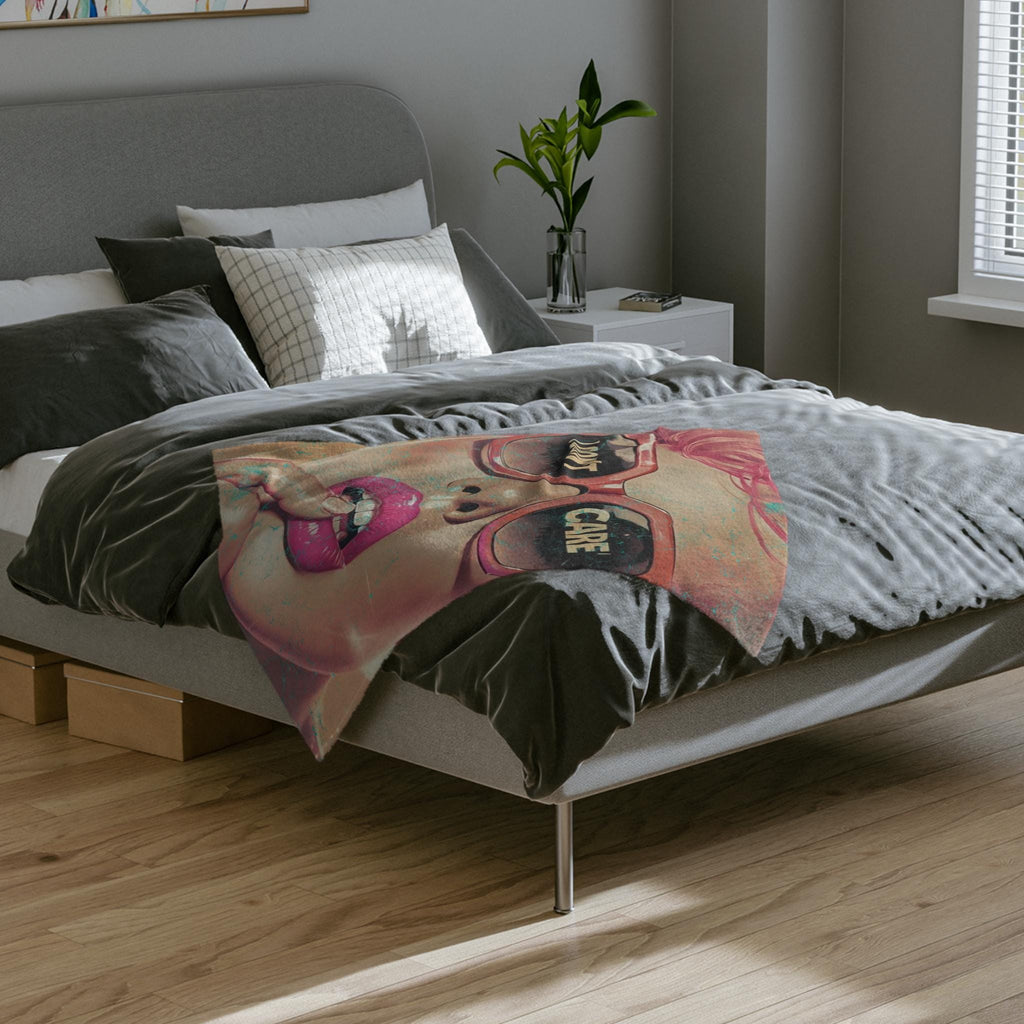 I Don't Care Girl Velveteen Blanket, Sarcastic Home Decor Throw