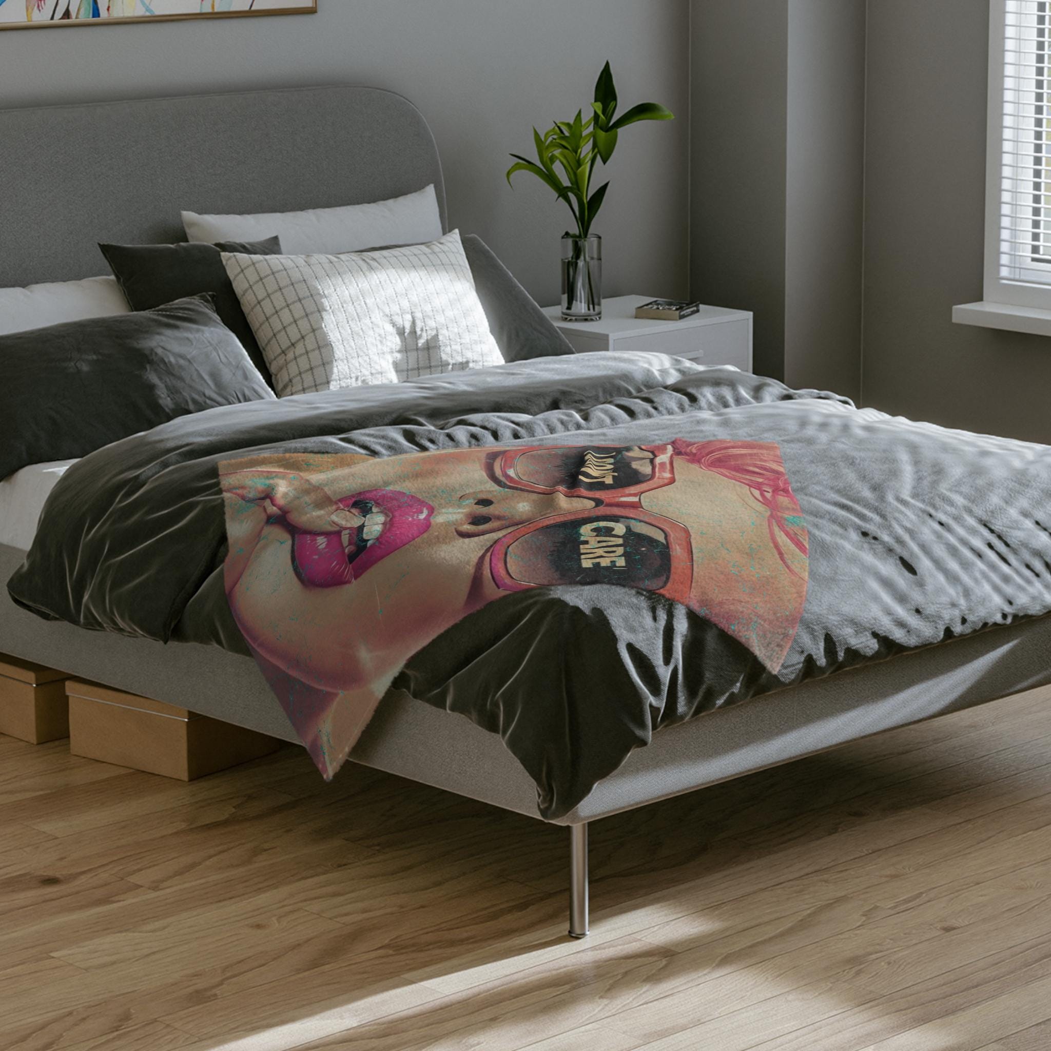 I Don't Care Girl Velveteen Blanket, Sarcastic Home Decor Throw