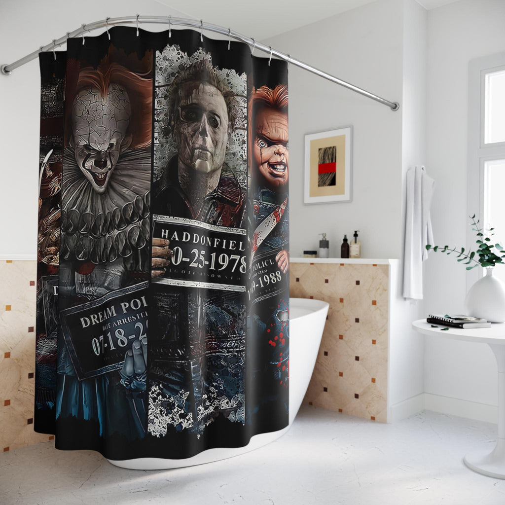 80s Slasher Mugshots Shower Curtain: Horror Movie Bathroom Decor