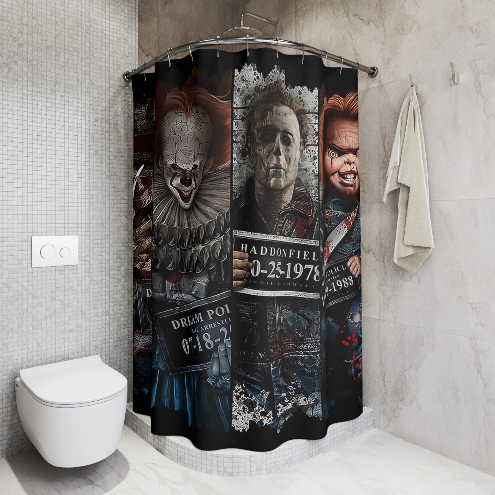 80s Slasher Mugshots Shower Curtain: Horror Movie Bathroom Decor