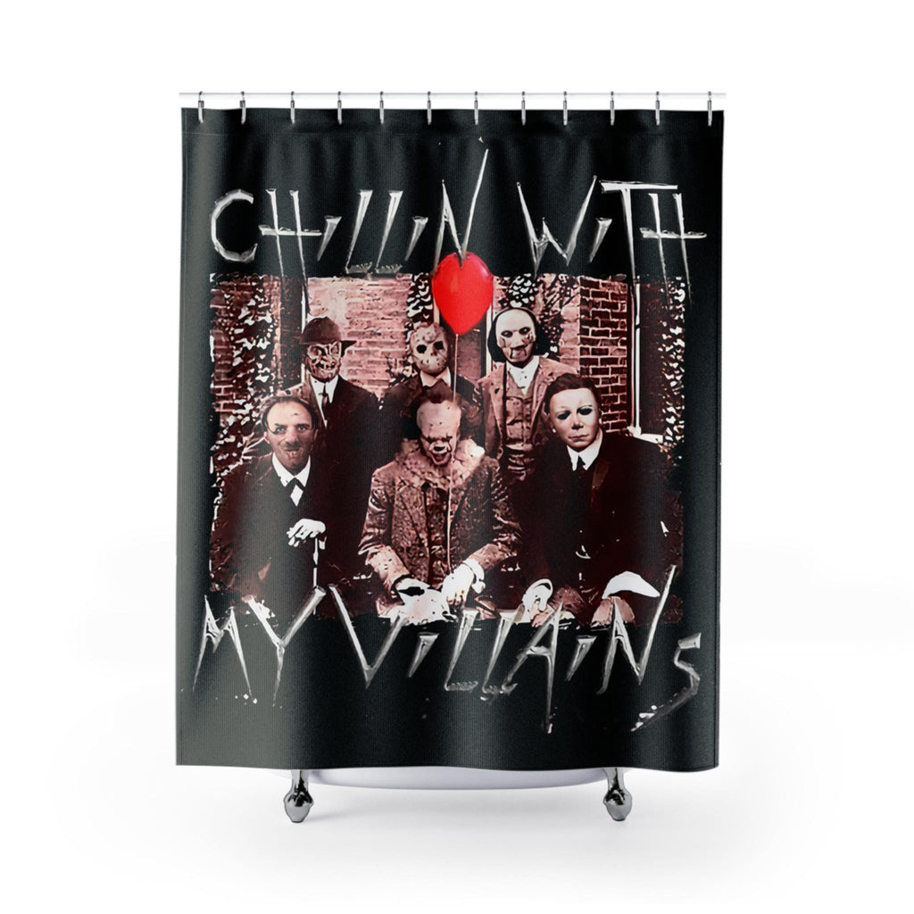 Chillin With My Villains Shower Curtain: Retro Horror Movie Fan Halloween Decor