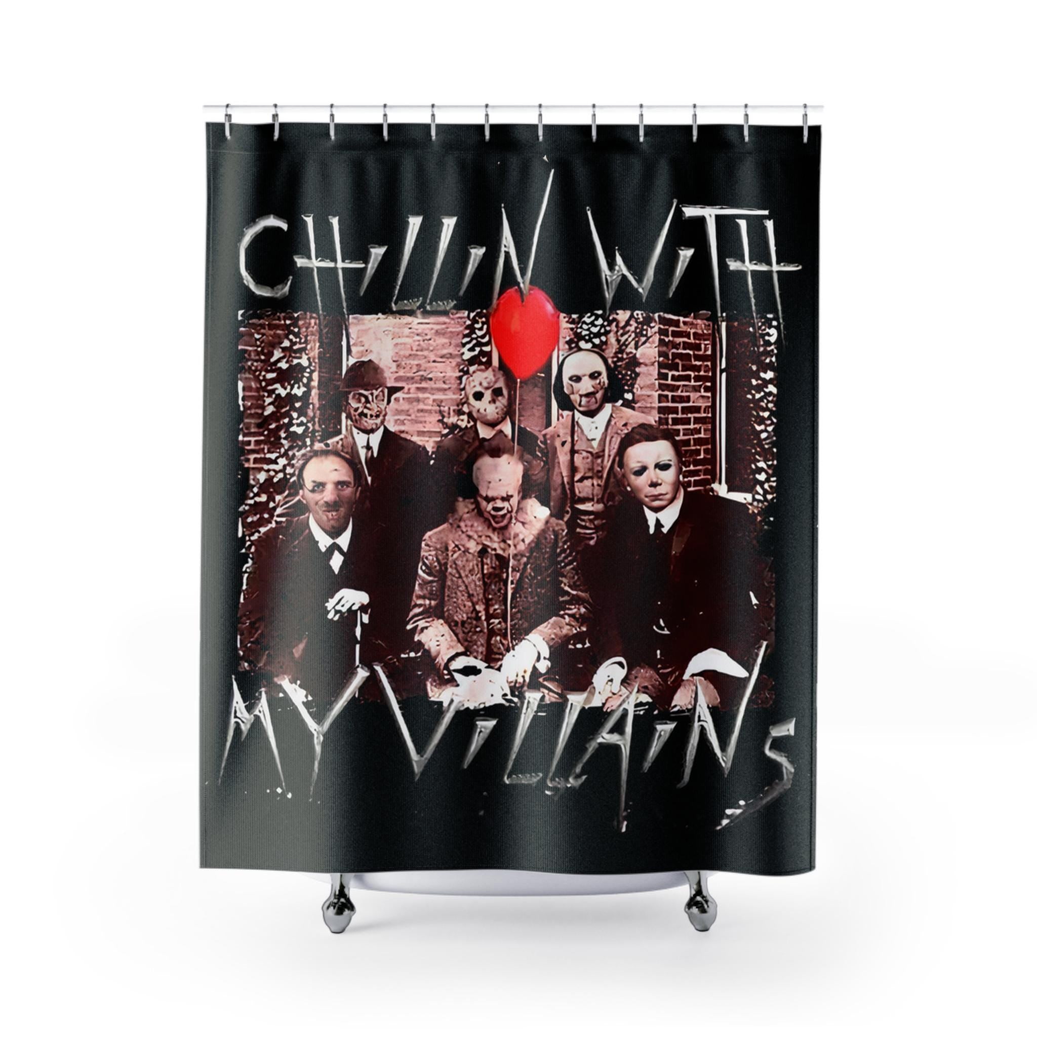Chillin With My Villains Shower Curtain: Retro Horror Movie Fan Halloween Decor