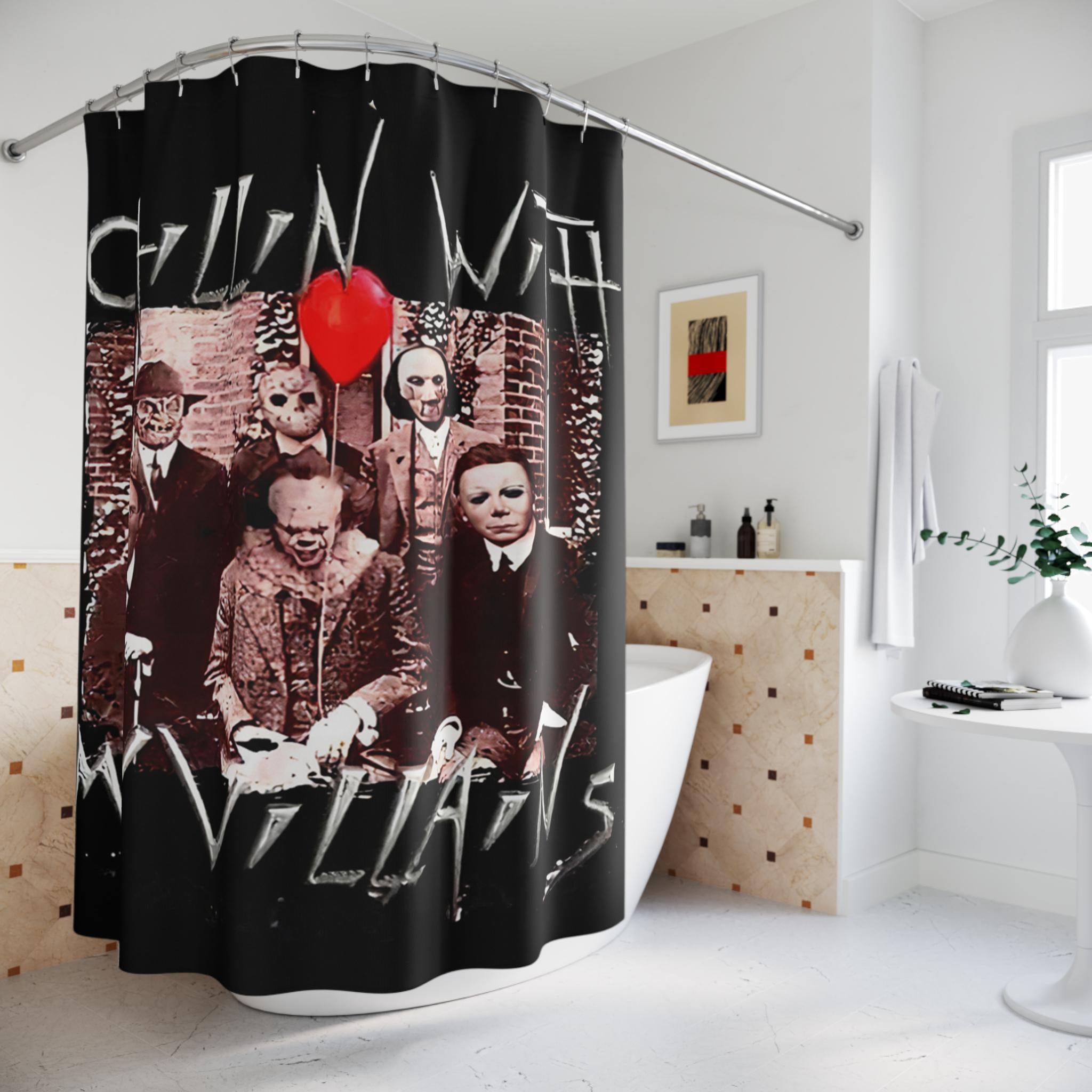 Chillin With My Villains Shower Curtain: Retro Horror Movie Fan Halloween Decor
