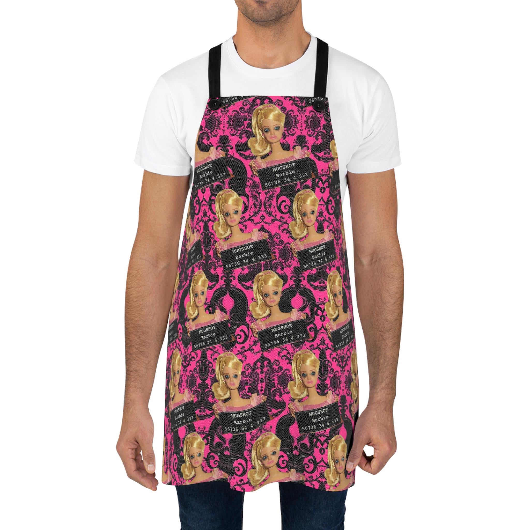 Mugshot Barbie Apron: Pink Skeleton Kitchen Apron, Halloween Costume