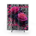 Pink Gothic Roses Shower Curtain, Urban Cityscape Bathroom Decor