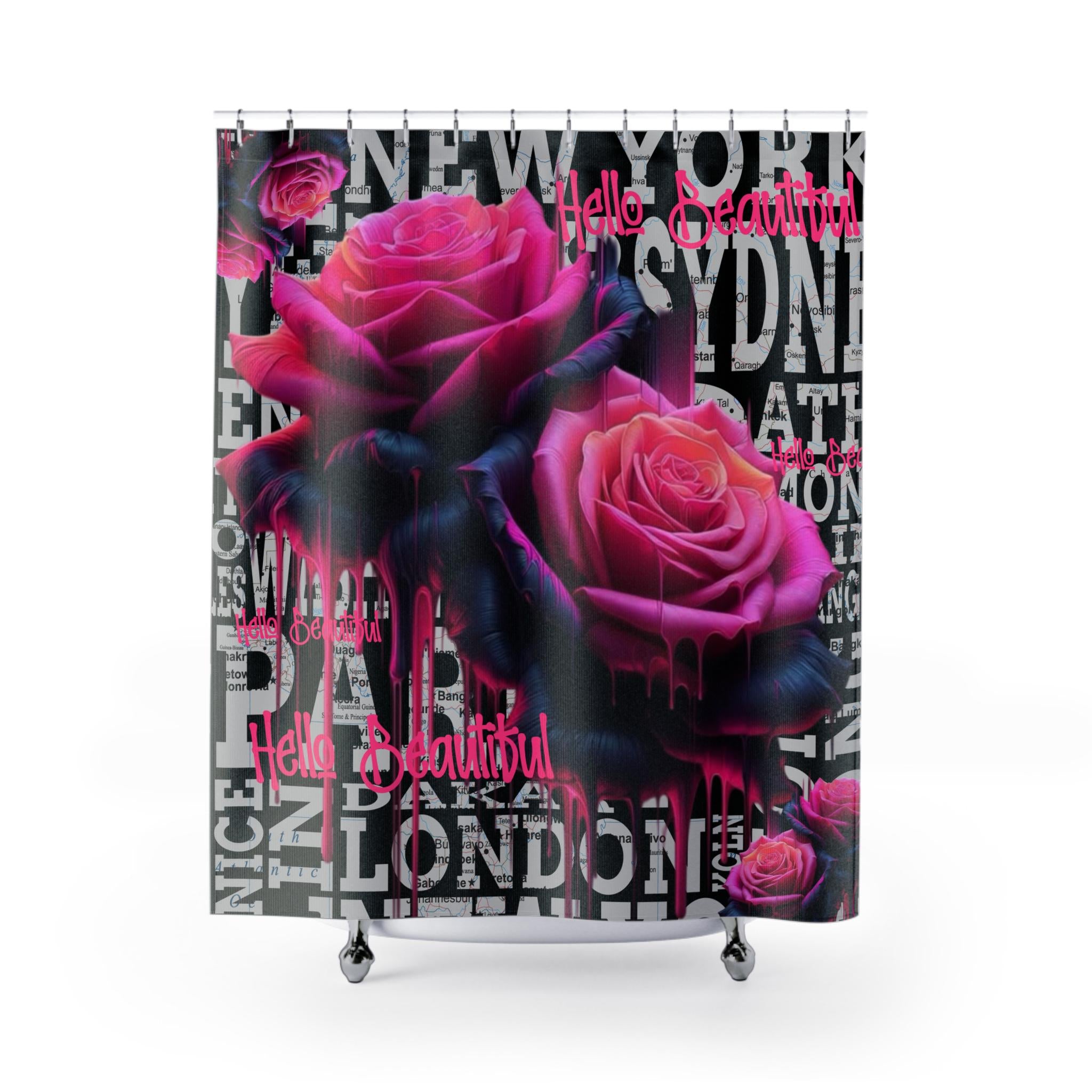 Pink Gothic Roses Shower Curtain, Urban Cityscape Bathroom Decor