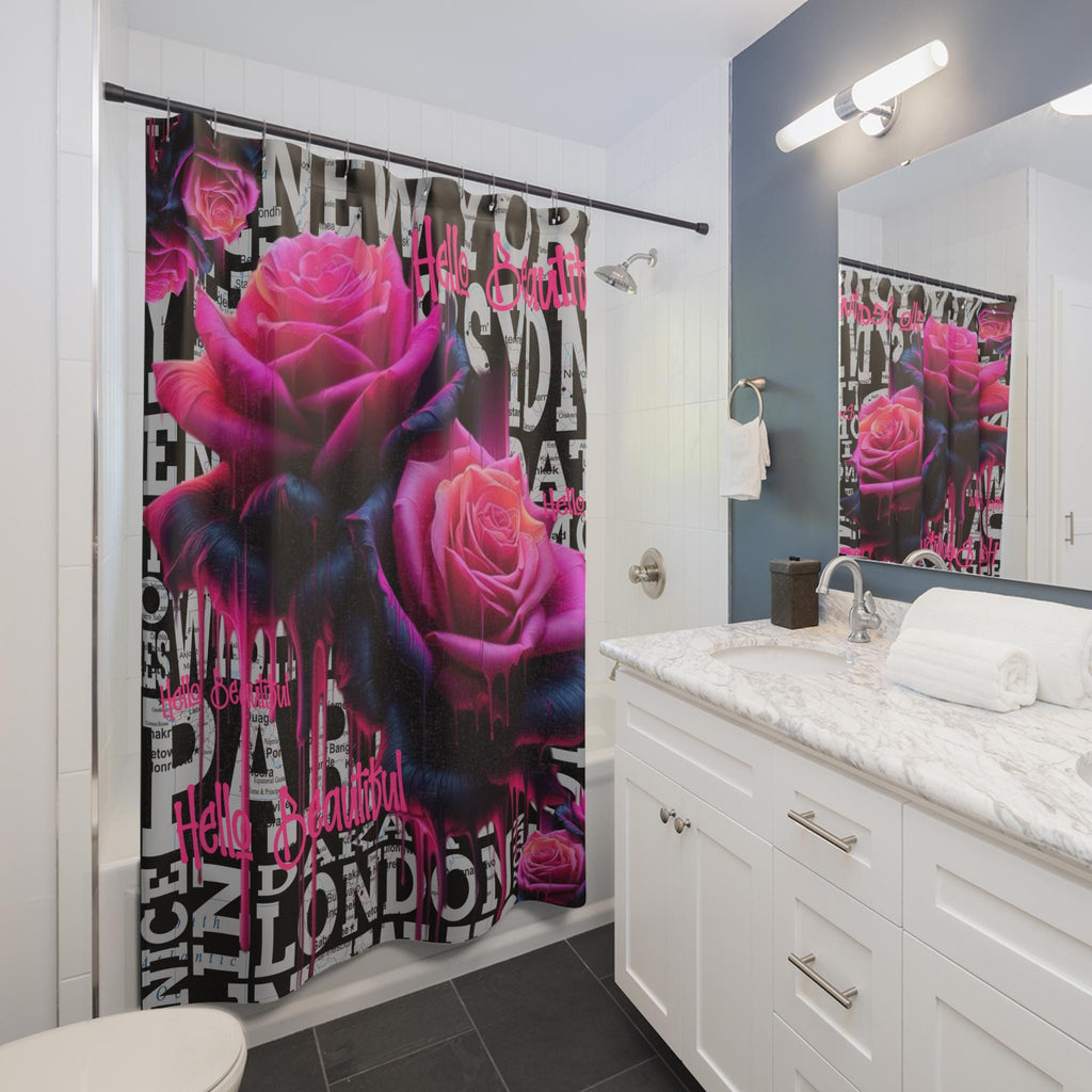 Pink Gothic Roses Shower Curtain, Urban Cityscape Bathroom Decor