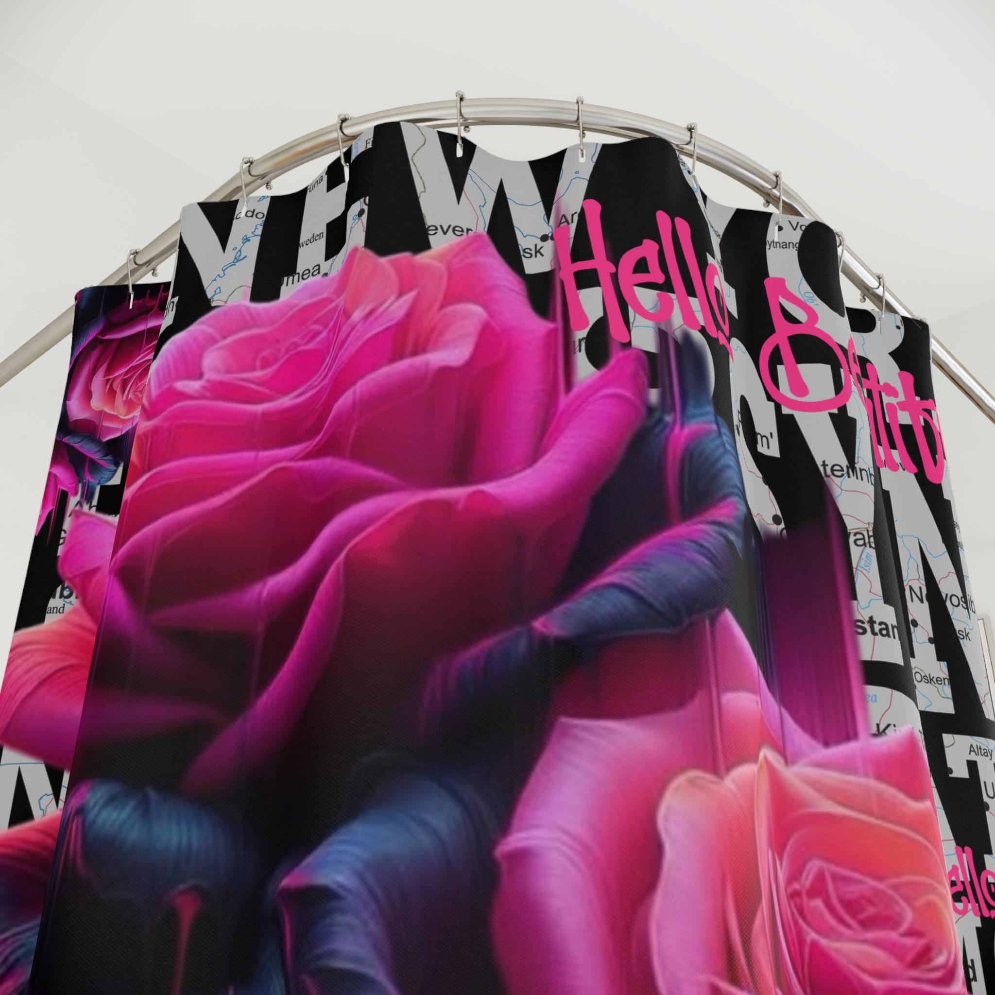 Pink Gothic Roses Shower Curtain, Urban Cityscape Bathroom Decor