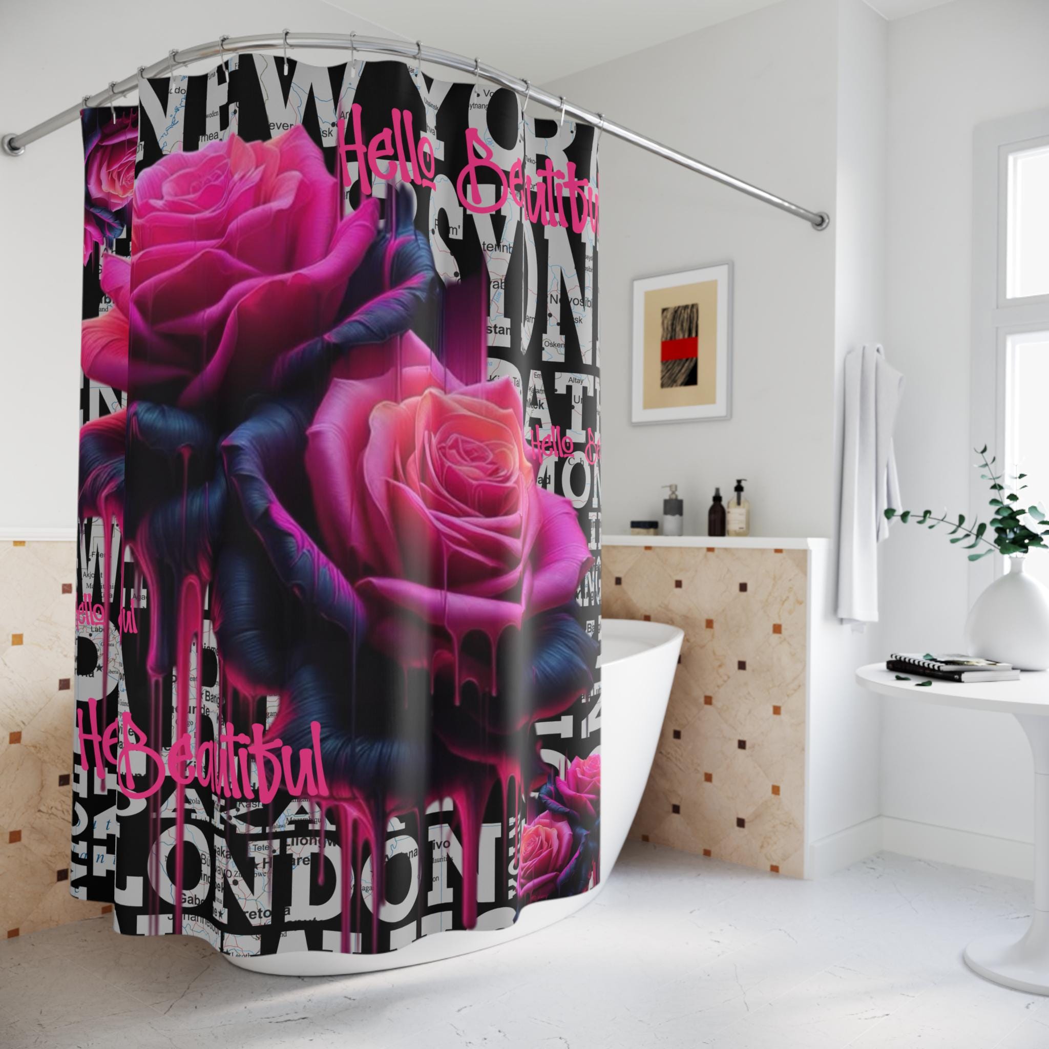 Pink Gothic Roses Shower Curtain, Urban Cityscape Bathroom Decor