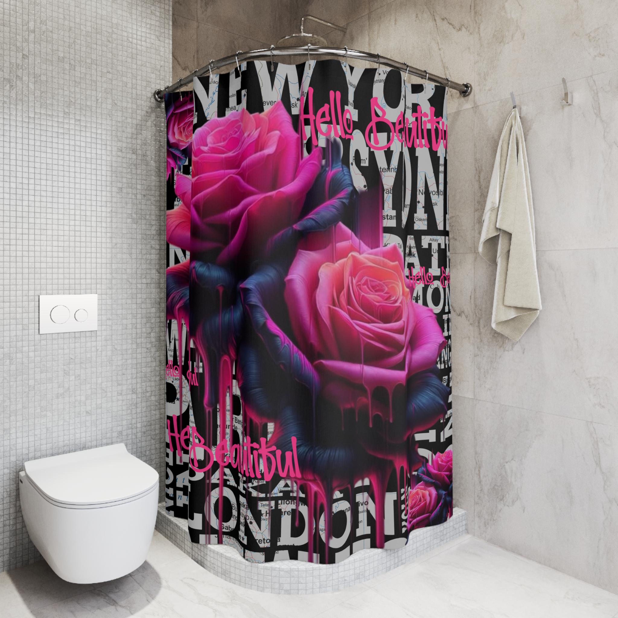 Pink Gothic Roses Shower Curtain, Urban Cityscape Bathroom Decor