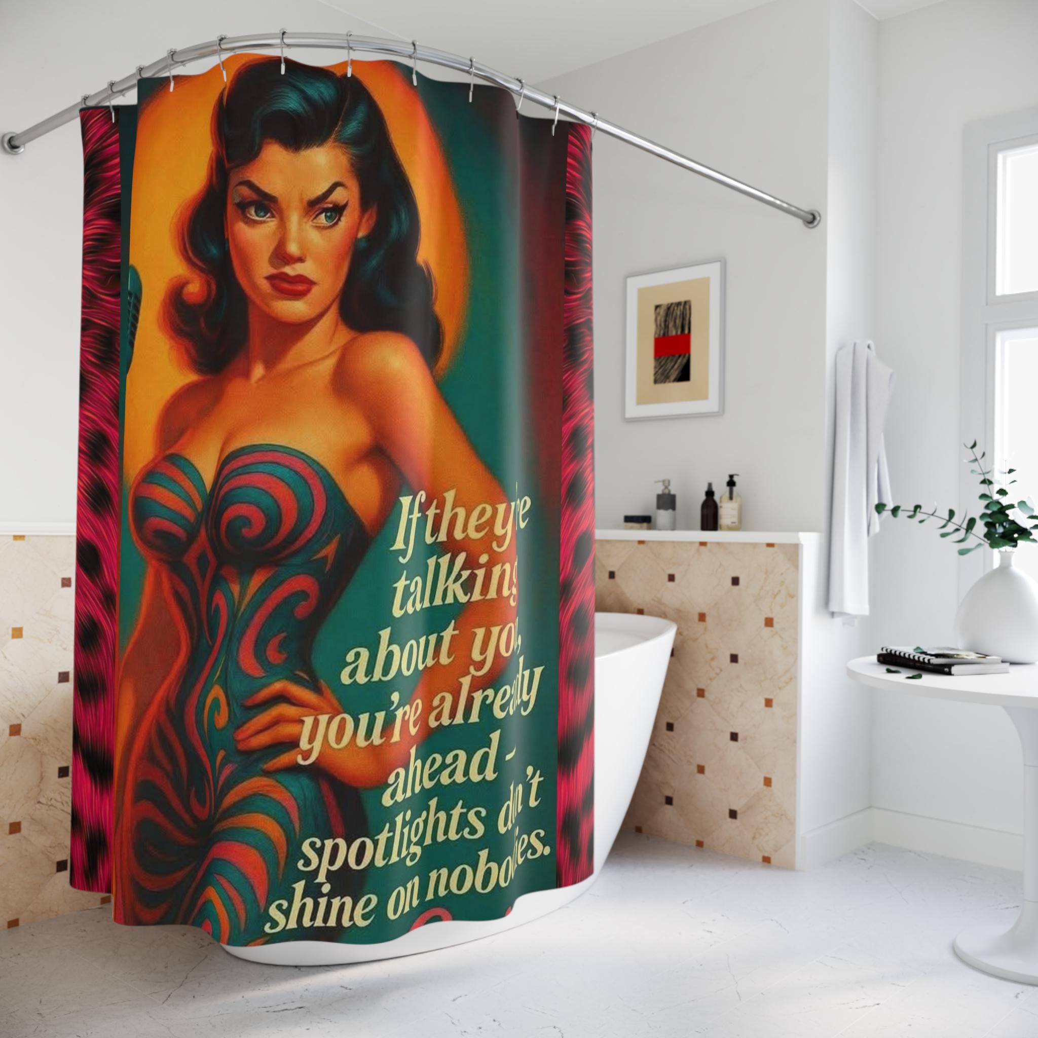 Retro Spotlight Quote Shower Curtain, Vintage Glam Bathroom Decor
