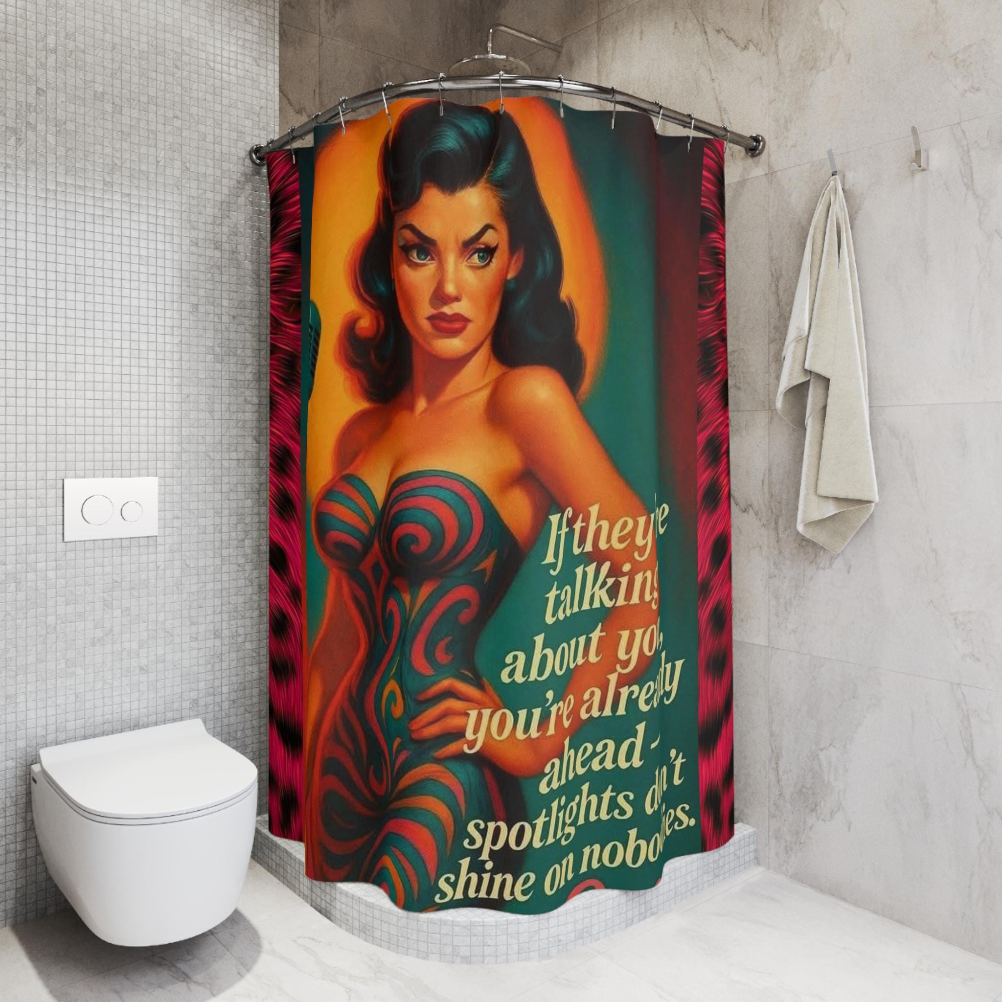 Retro Spotlight Quote Shower Curtain, Vintage Glam Bathroom Decor