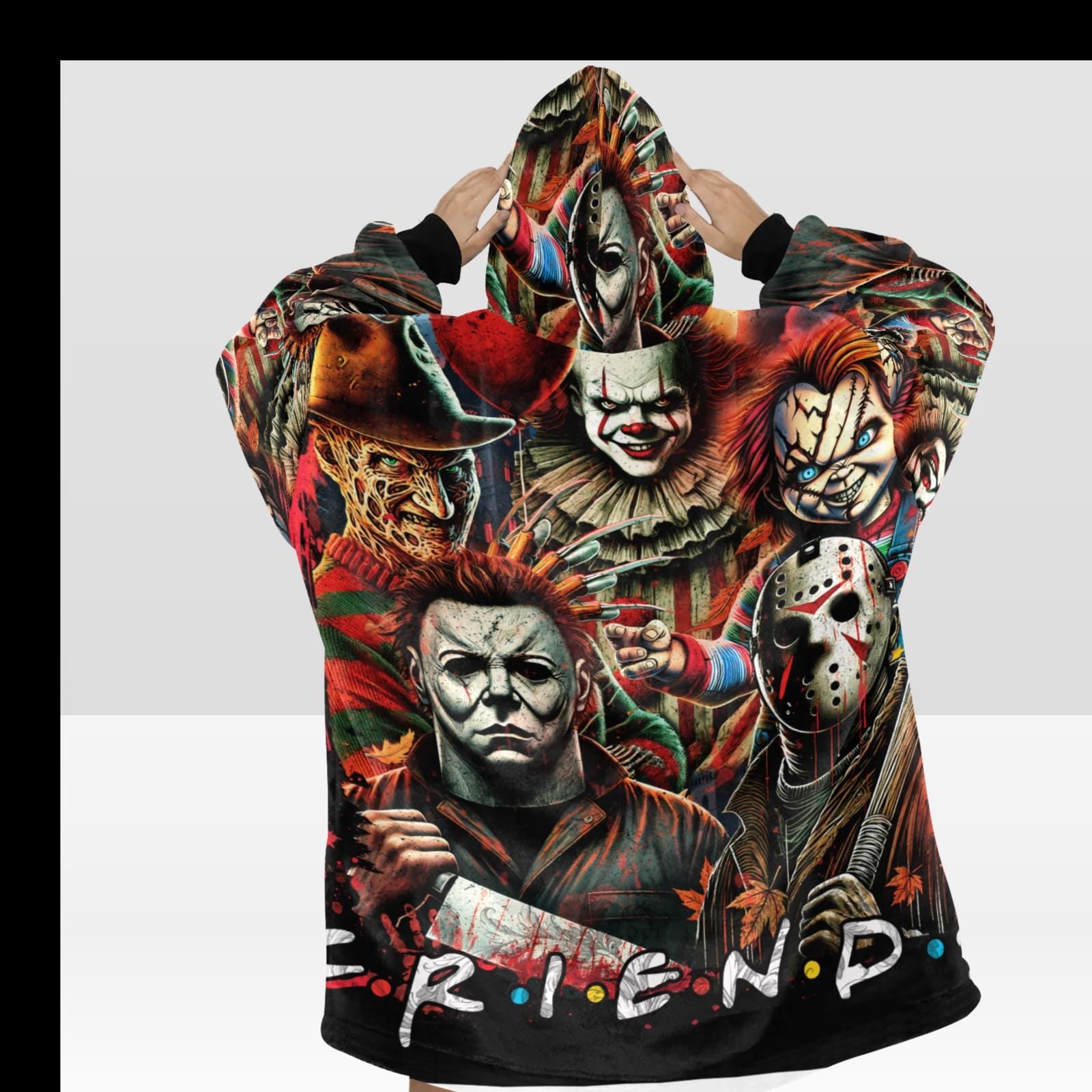 Retro Horror FRIENDS Blanket Pullover – Cozy Oversized Hoodie Featuring Myers, Chucky, Jason, Freddy & More