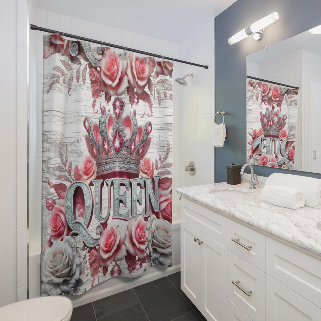 Floral Shabby "Queen" Boho Country Pink White and Silver Shower Curtains