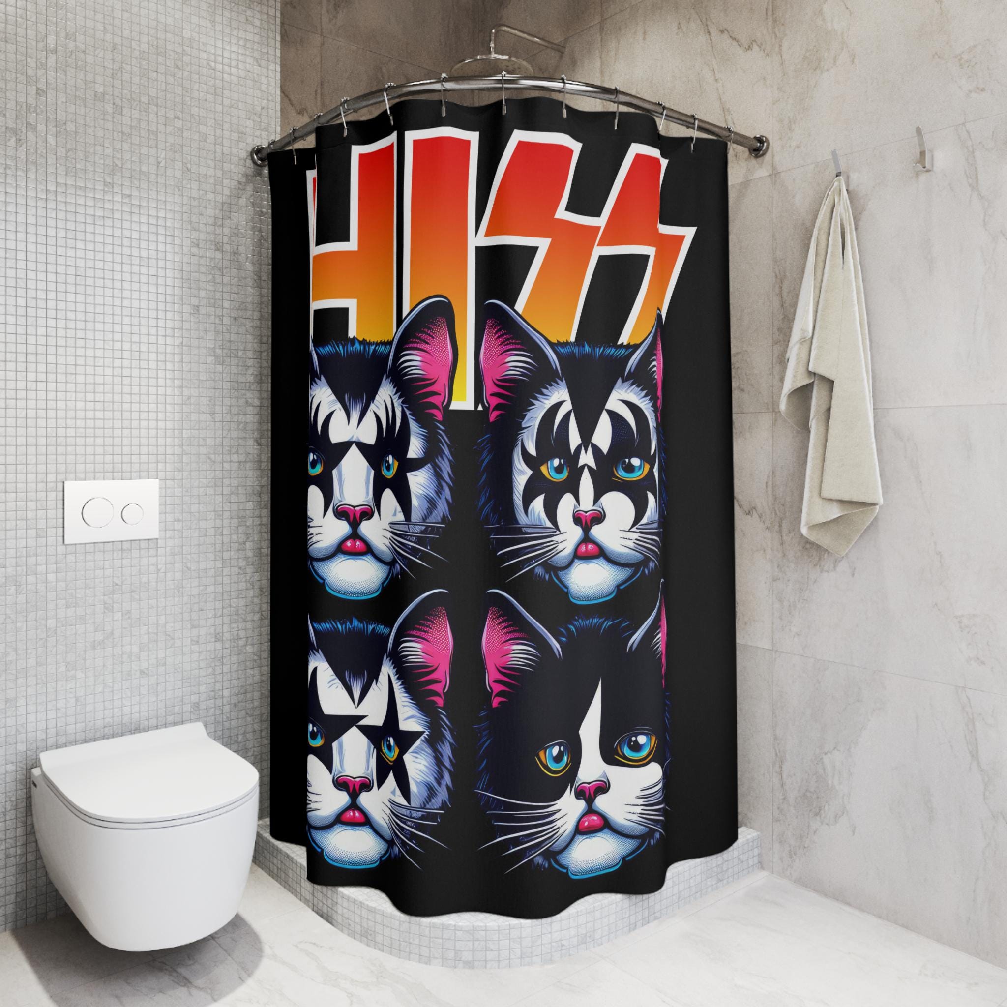 KISS Cats Shower Curtain | Rock Band Cat Faces, Retro Logo