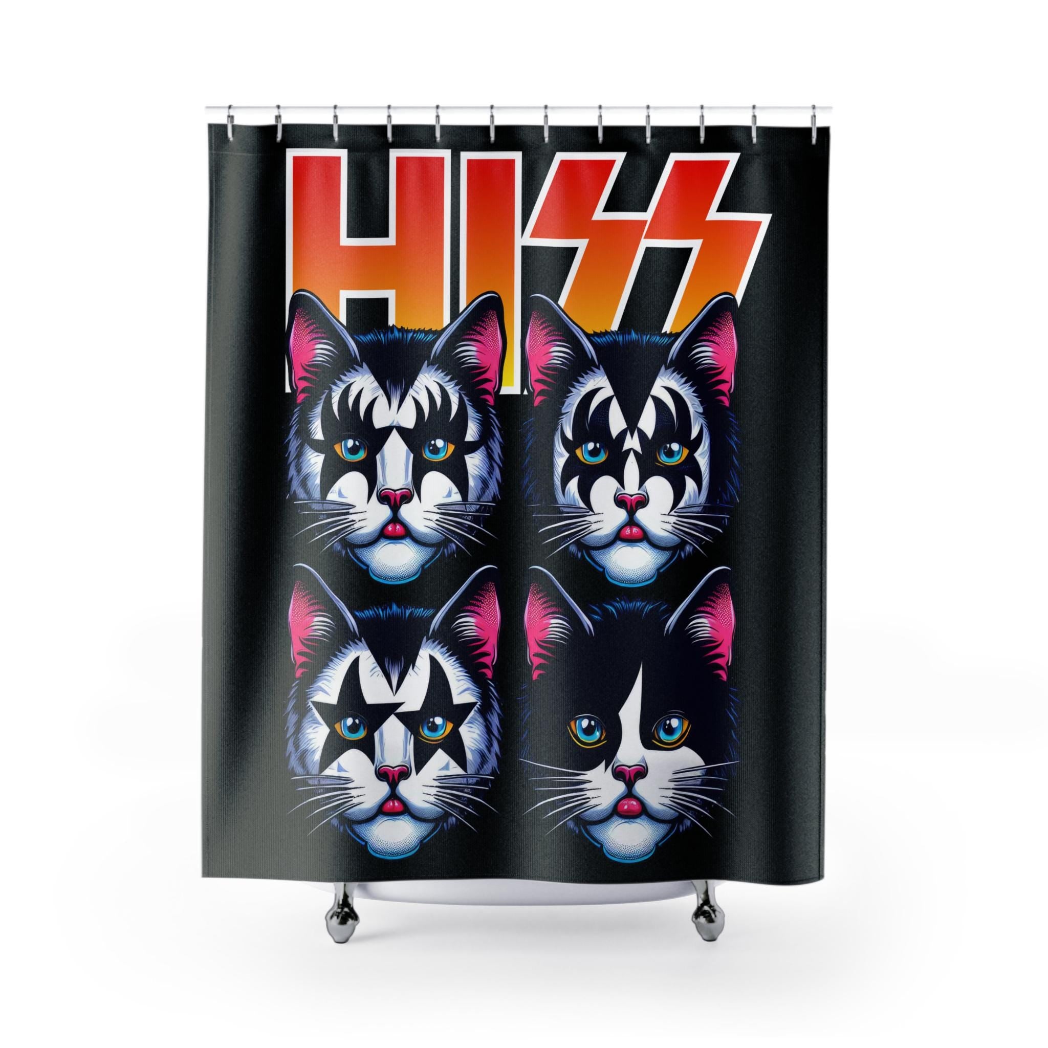 KISS Cats Shower Curtain | Rock Band Cat Faces, Retro Logo