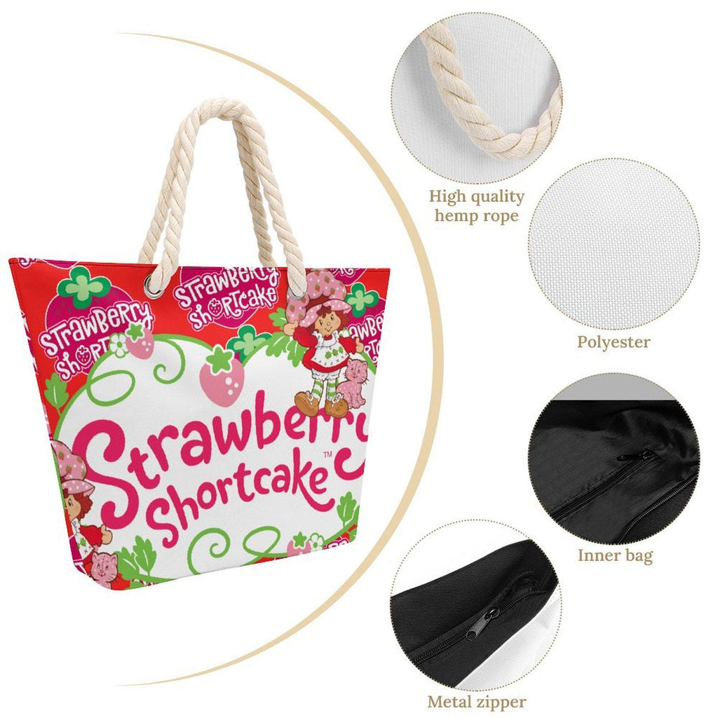 Hemp Strawberry Shortcake Tote Bag – Large Retro Canvas Shoulder Bag